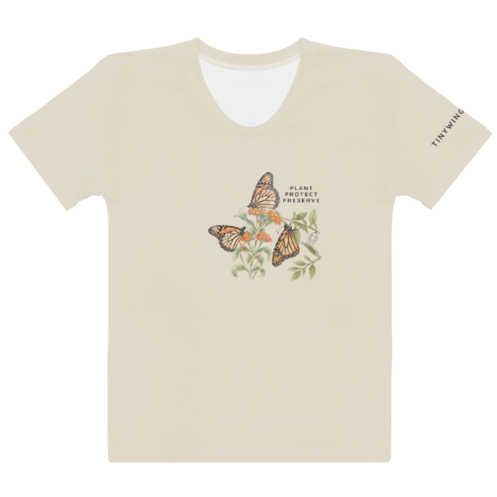Beige t-shirt with butterfly design and text Plant, Protect, Preserve. Tinywing Tales