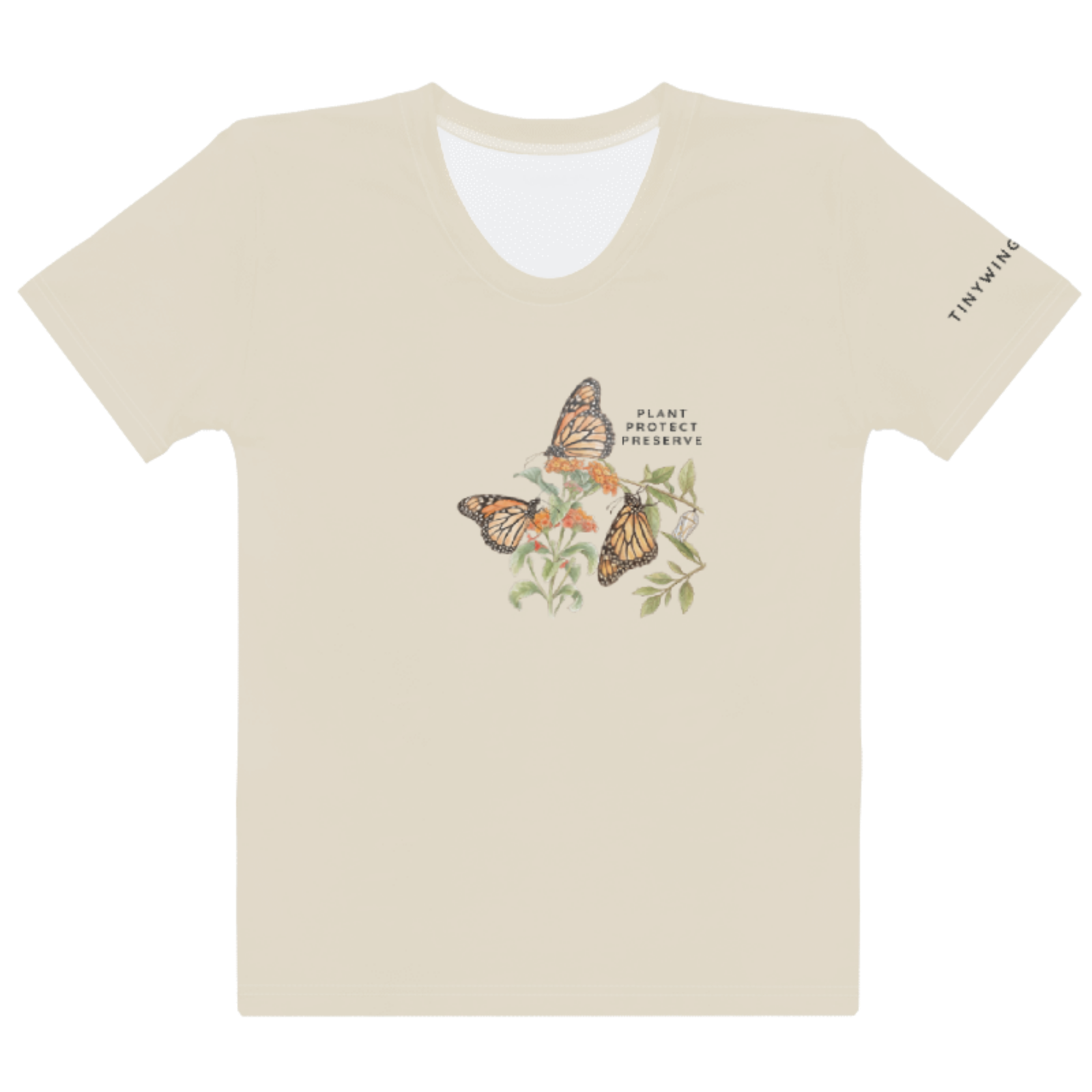 Beige t-shirt with butterfly design and text Plant, Protect, Preserve. Tinywing Tales