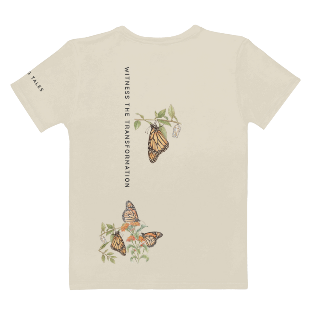 Beige t-shirt with butterfly design and text Plant, Protect, Preserve. Tinywing Tales