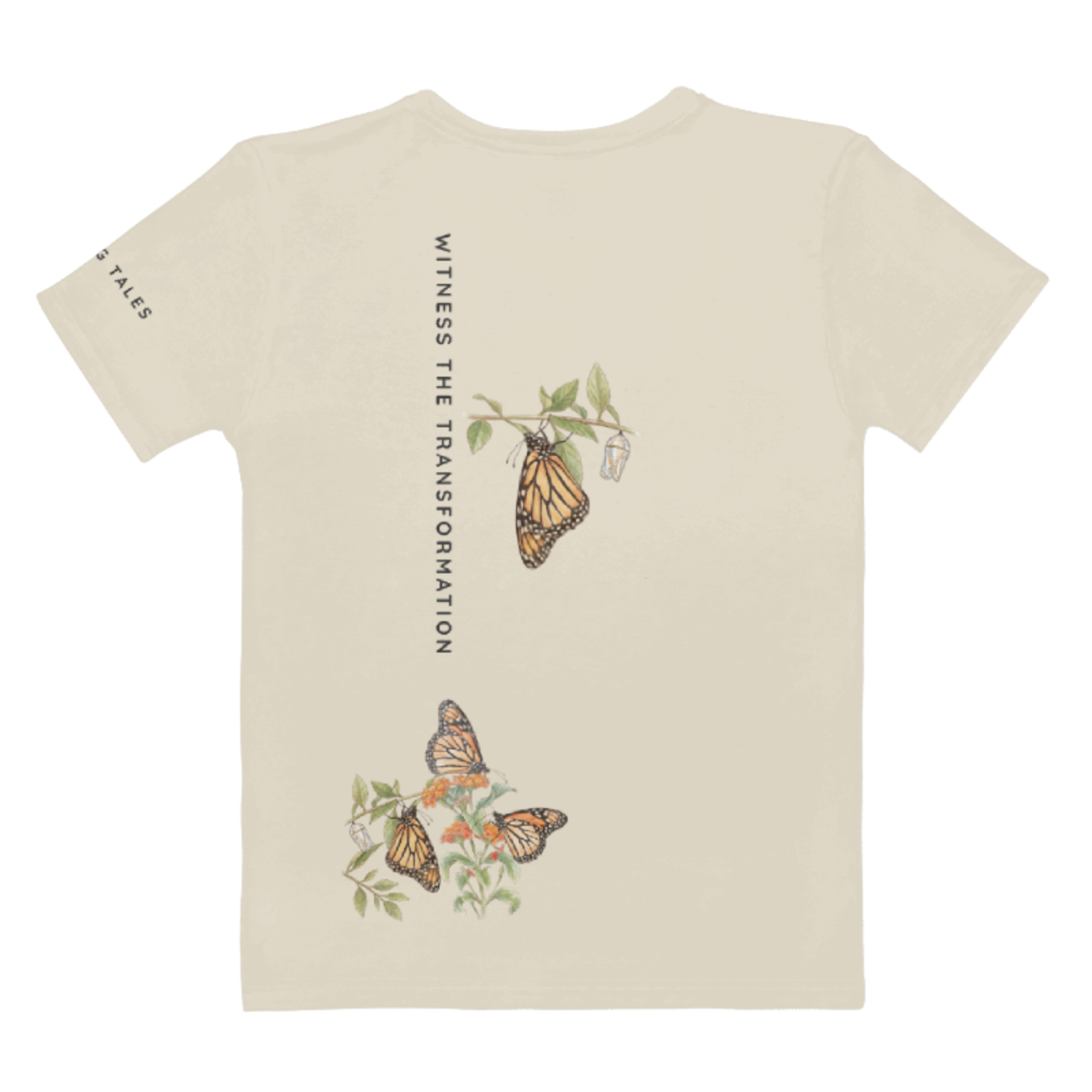 Beige t-shirt with butterfly design and text Plant, Protect, Preserve. Tinywing Tales