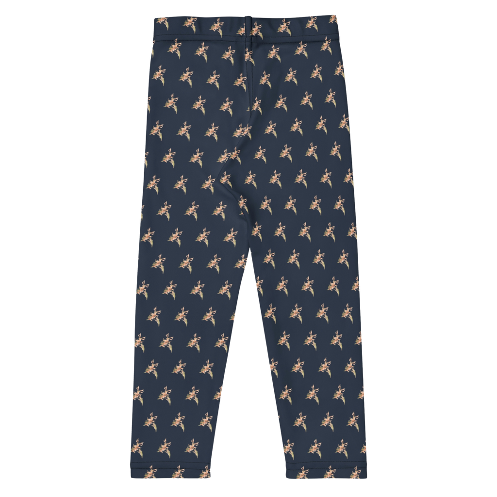 Back view of "Sweet Nectar" hummingbird leggings for toddlers and kids showing the comfortable elastic waistband and durable overlock stitching.