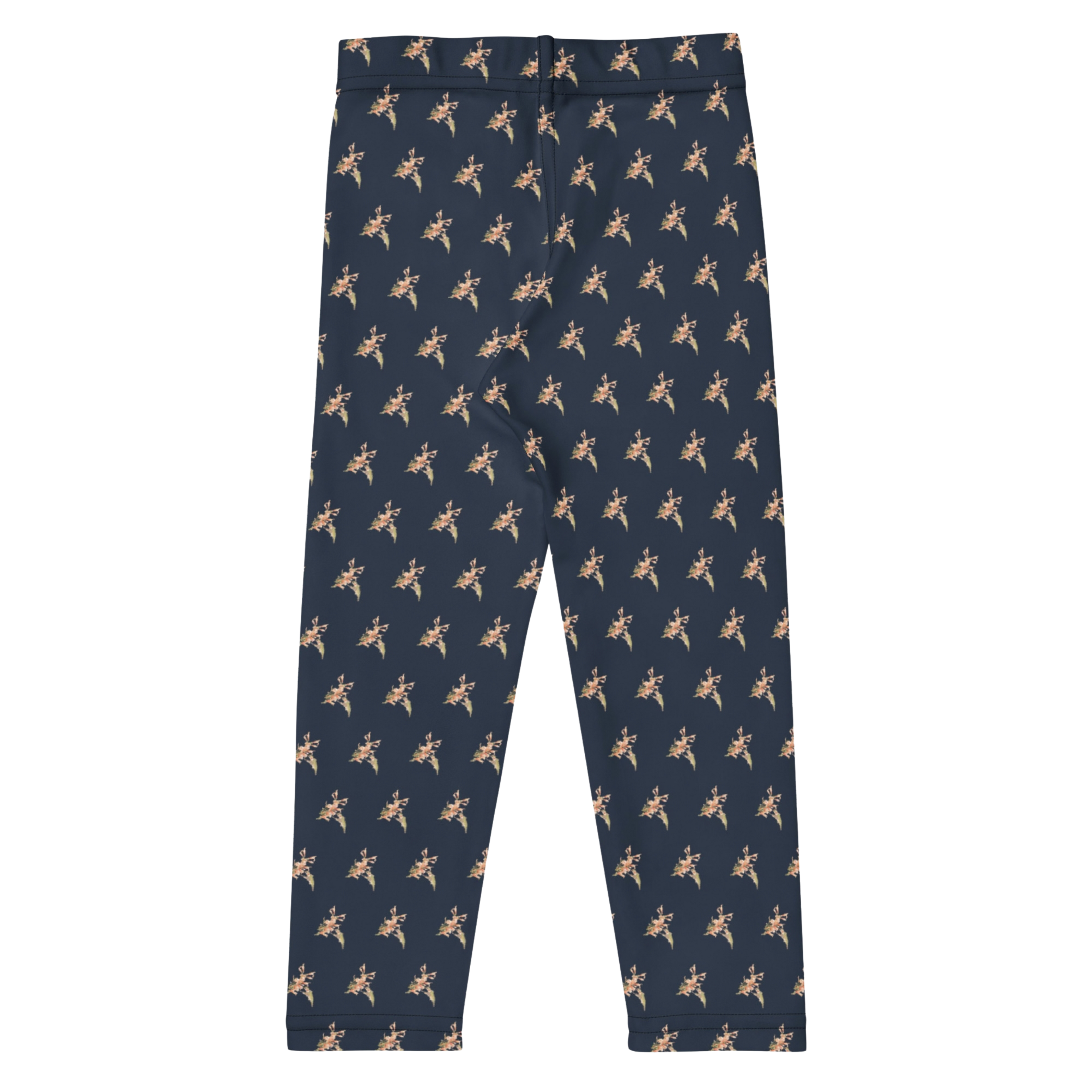 Back view of "Sweet Nectar" hummingbird leggings for toddlers and kids showing the comfortable elastic waistband and durable overlock stitching.