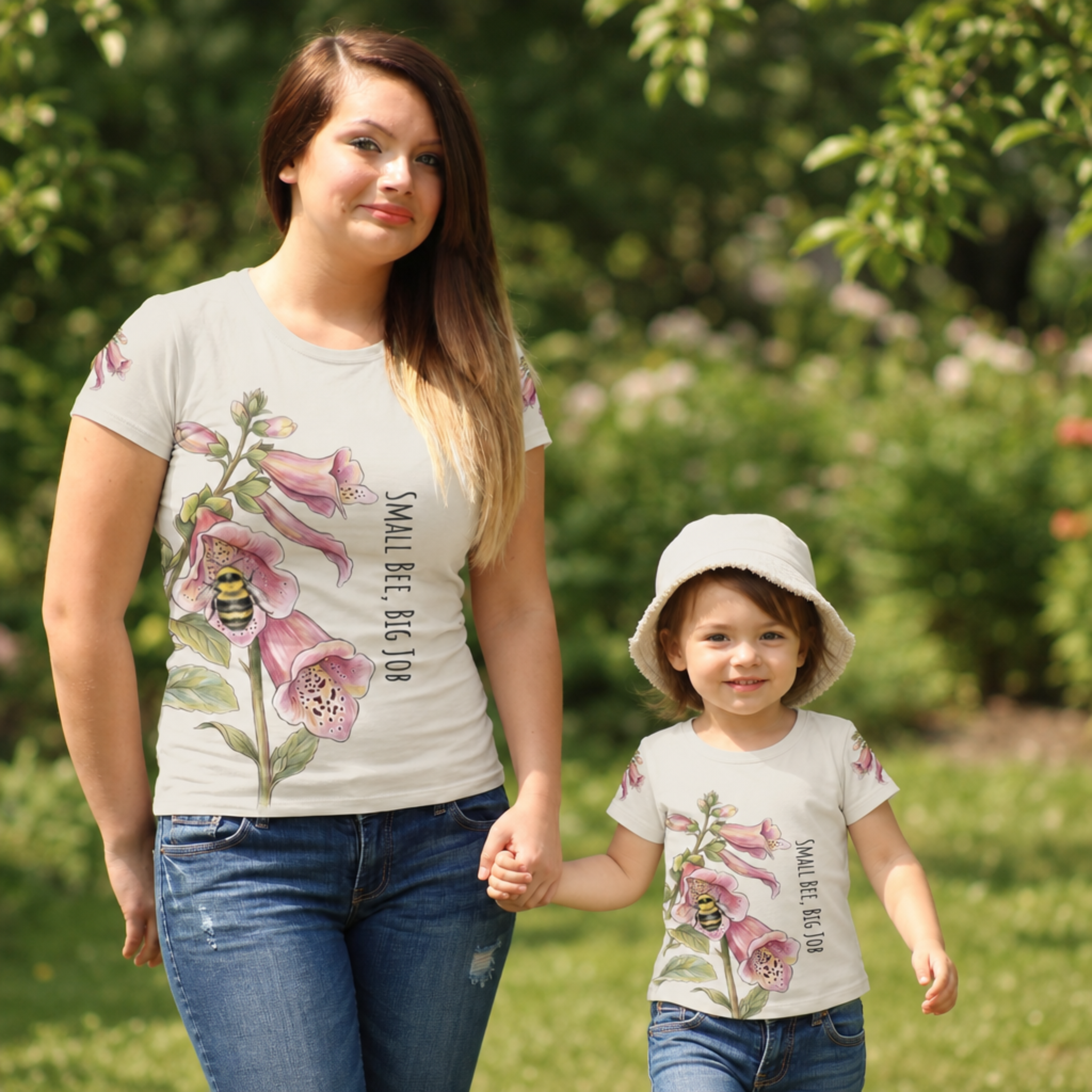 Woman and child holding hands outdoors wearing matching floral t-shirts.