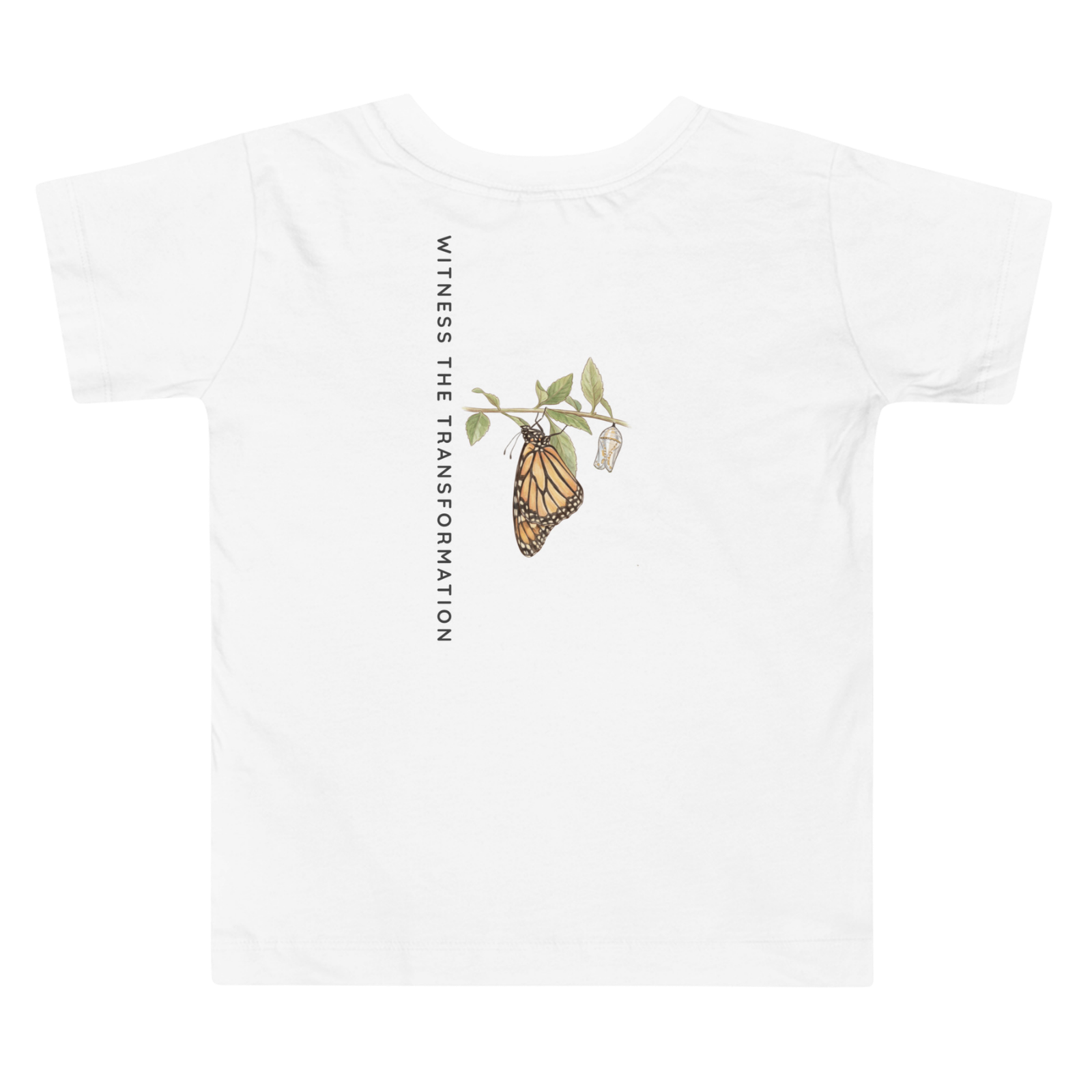 White t-shirt with butterfly graphic and text 'Witness the Transformation' on a white background