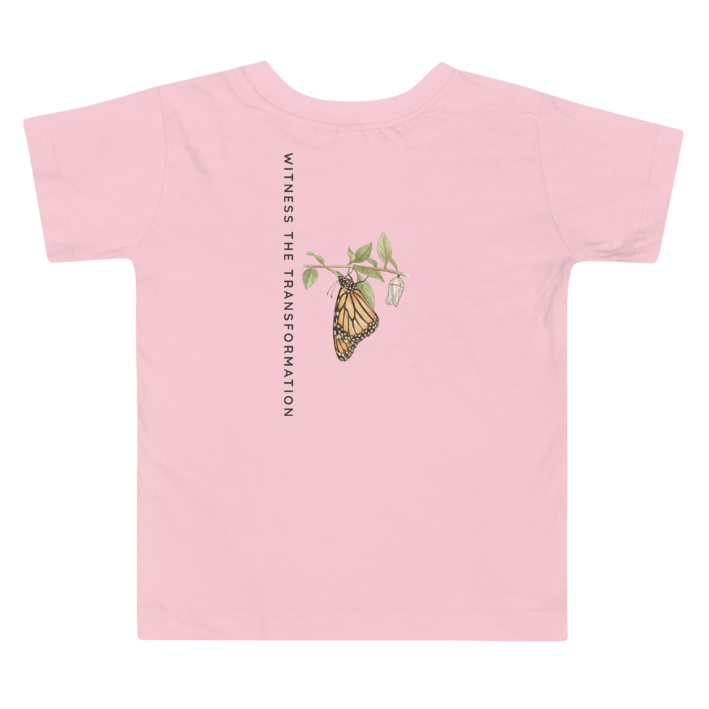 Back view Pink t-shirt with butterfly graphic and text.  Tinywing Tales