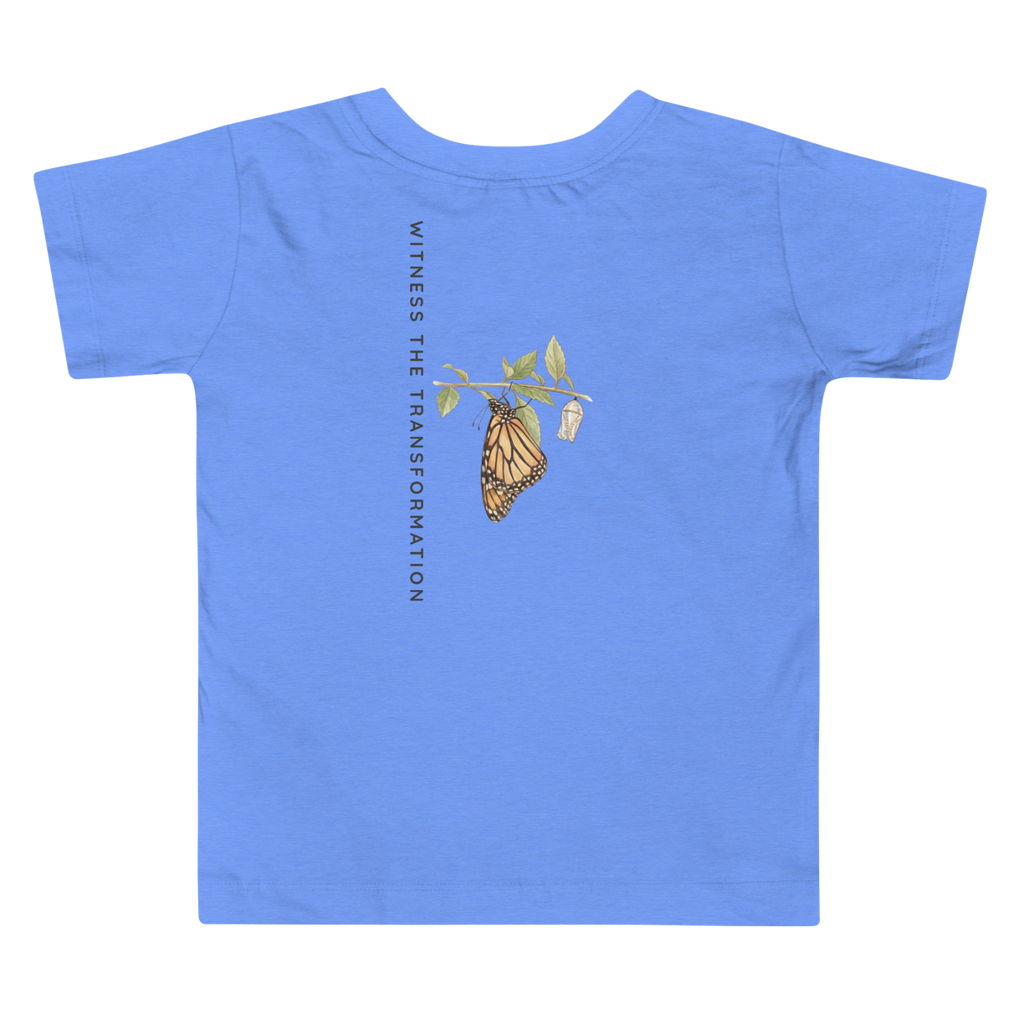Blue t-shirt with butterfly design and text 