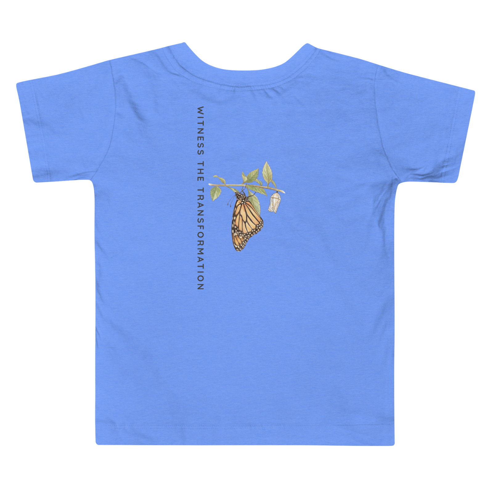 Blue t-shirt with butterfly design and text on a white background