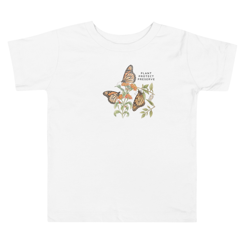 White t-shirt with butterfly design and text 