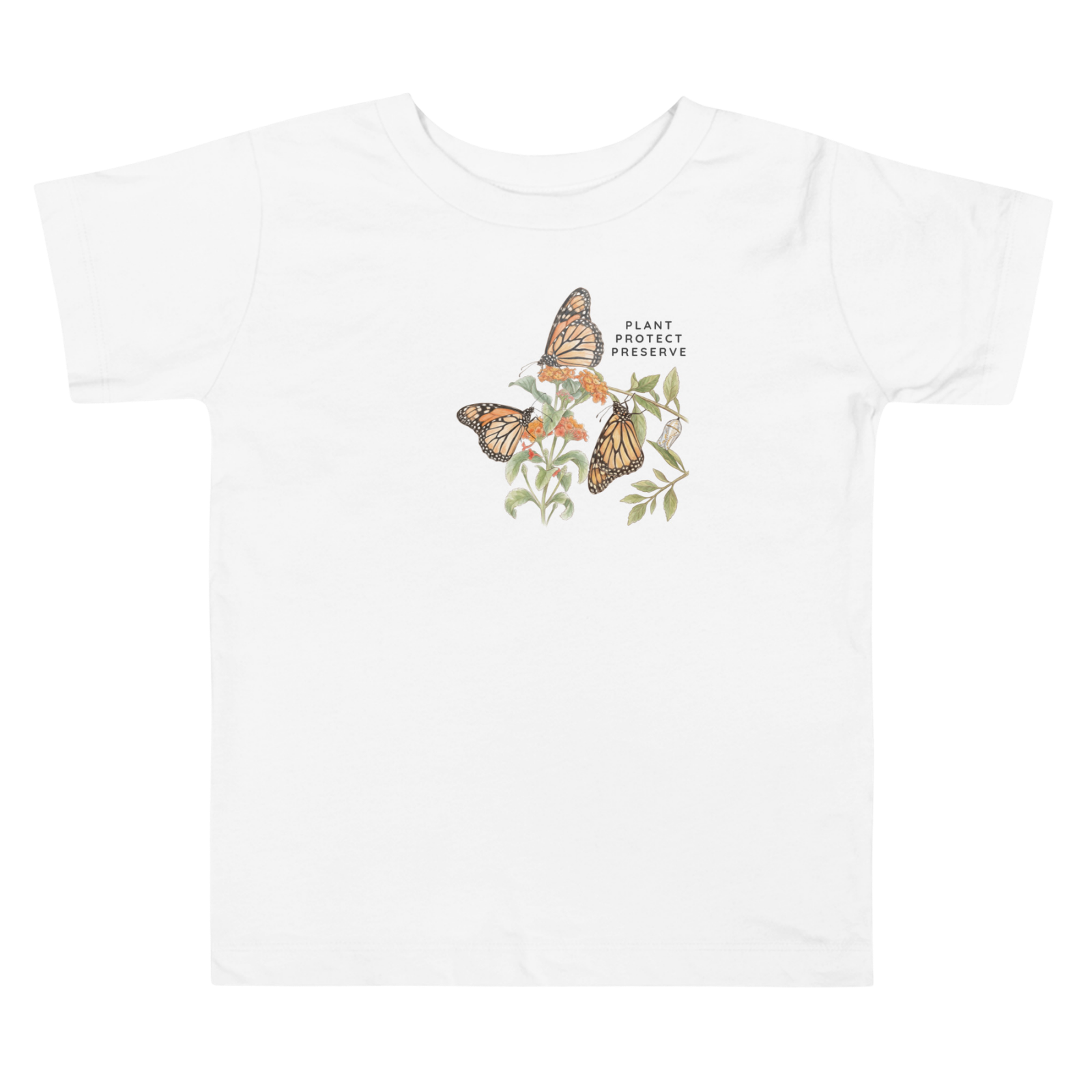 White t-shirt with butterfly design and text 