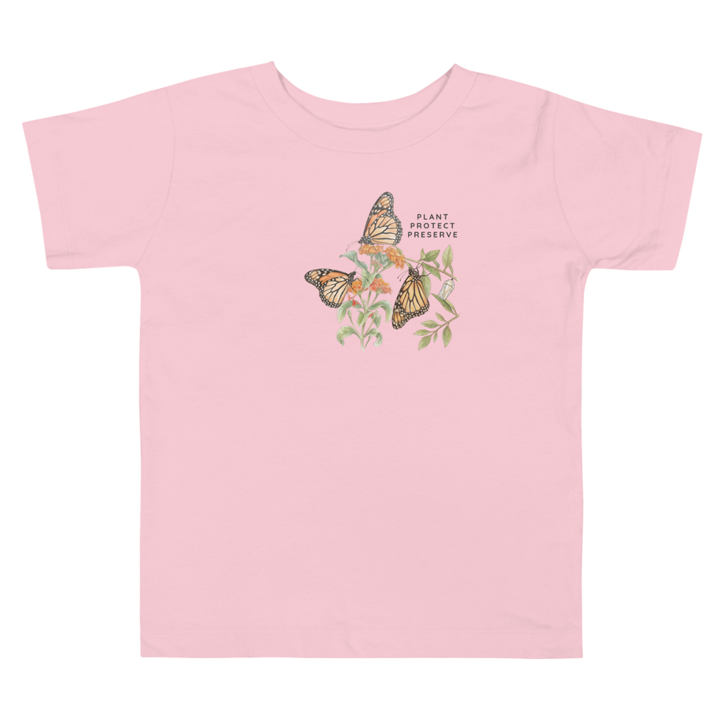 Pink t-shirt with butterfly design and text o