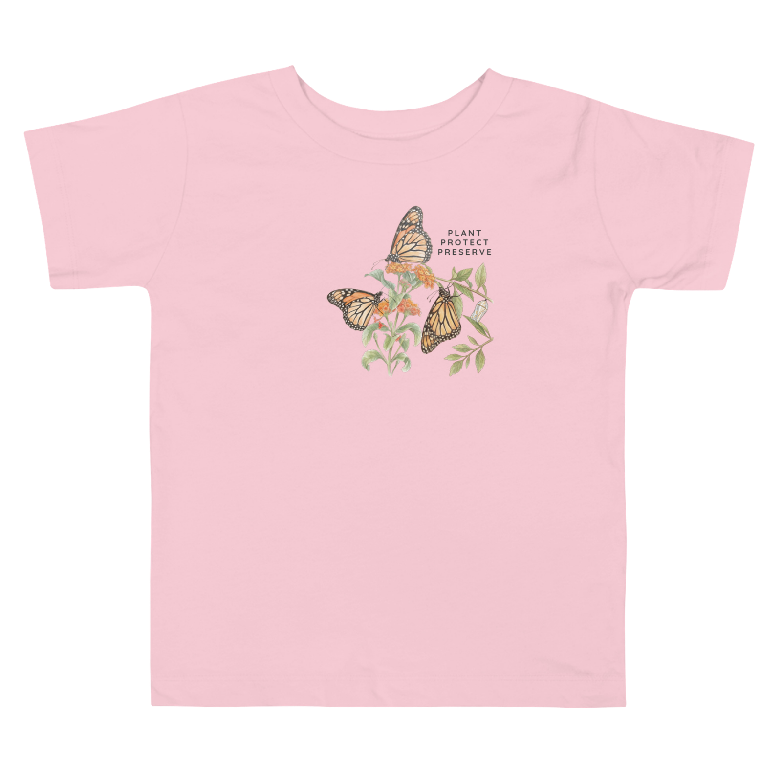Pink t-shirt with butterfly design and text o
