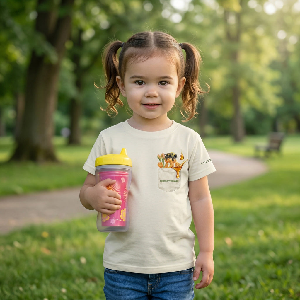 Child wearing a bee design tee with text "Protect the buzz" Tinywing Tales