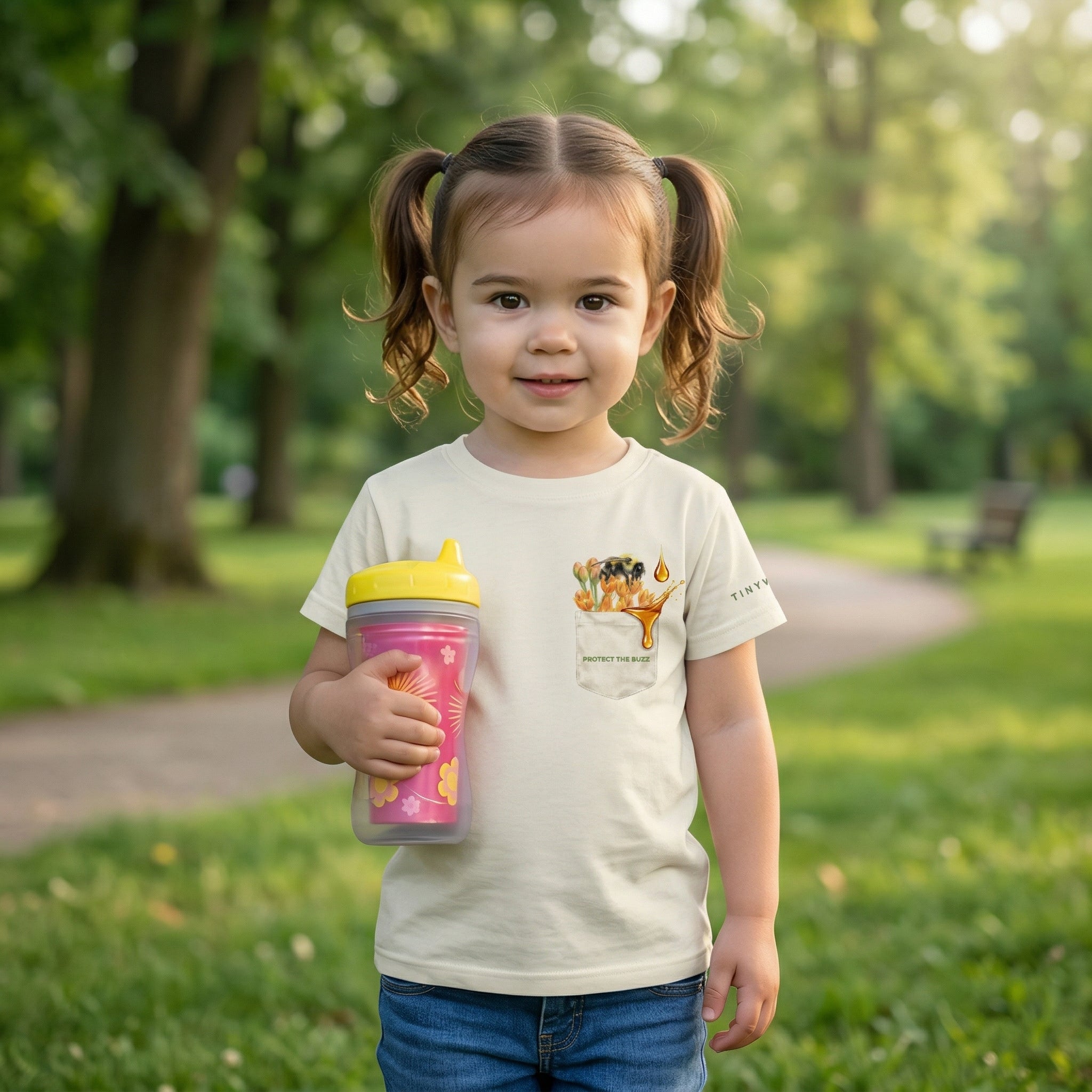 Child wearing a bee design tee with text "Protect the buzz" Tinywing Tales