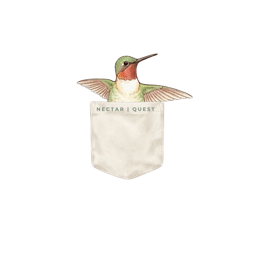 Hummingbird design on a pocket with 'Nectar Quest' branding. Tinywing Tales