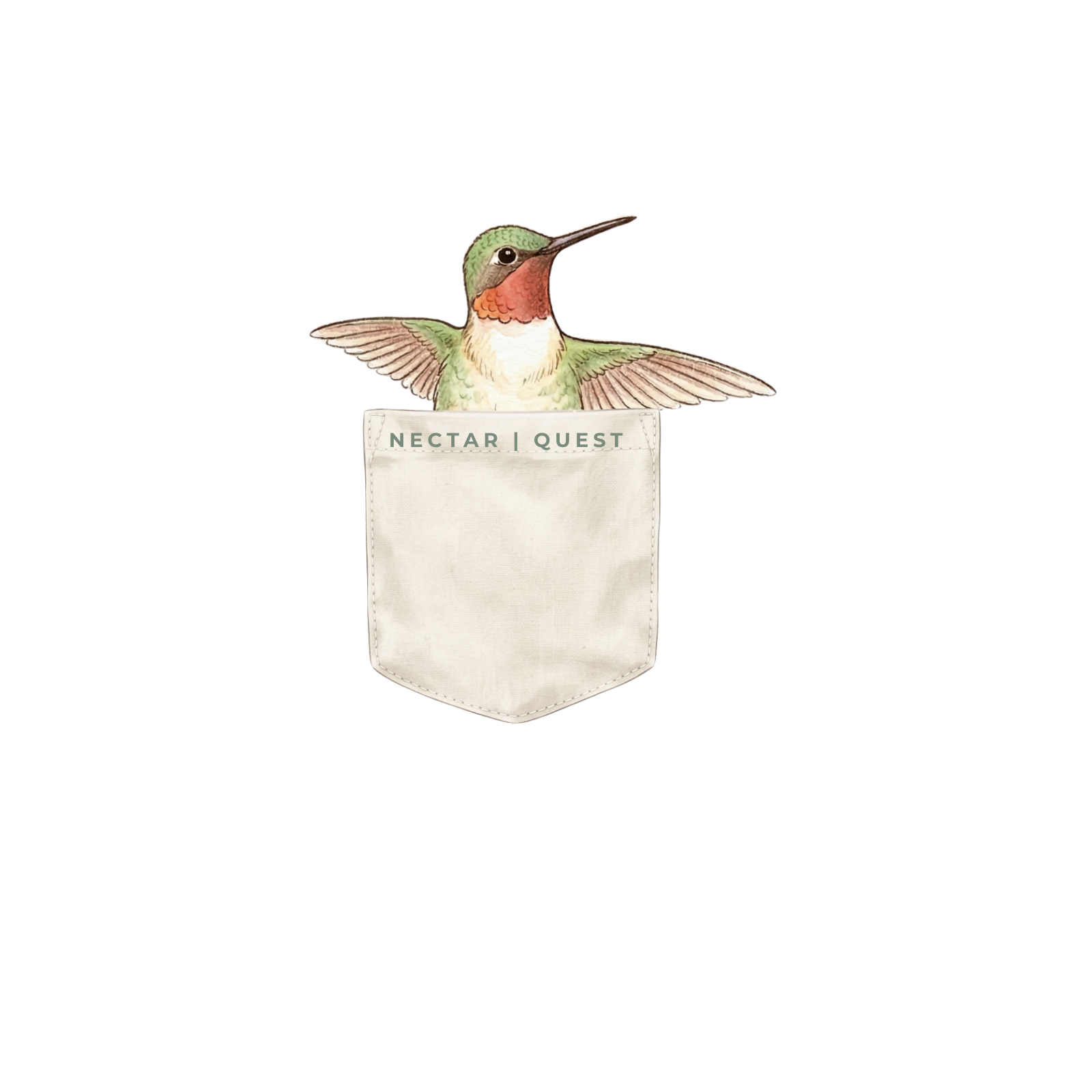 Hummingbird design on a pocket with 'Nectar Quest' branding. Tinywing Tales