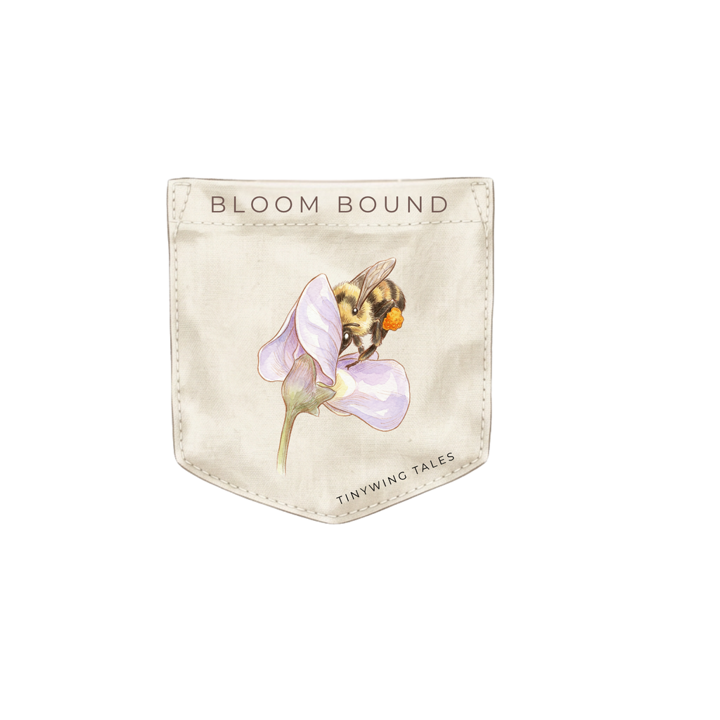 Product with a bee and flower design on a beige background, featuring the brand 'Bloom Bound'. Tinywing Tales