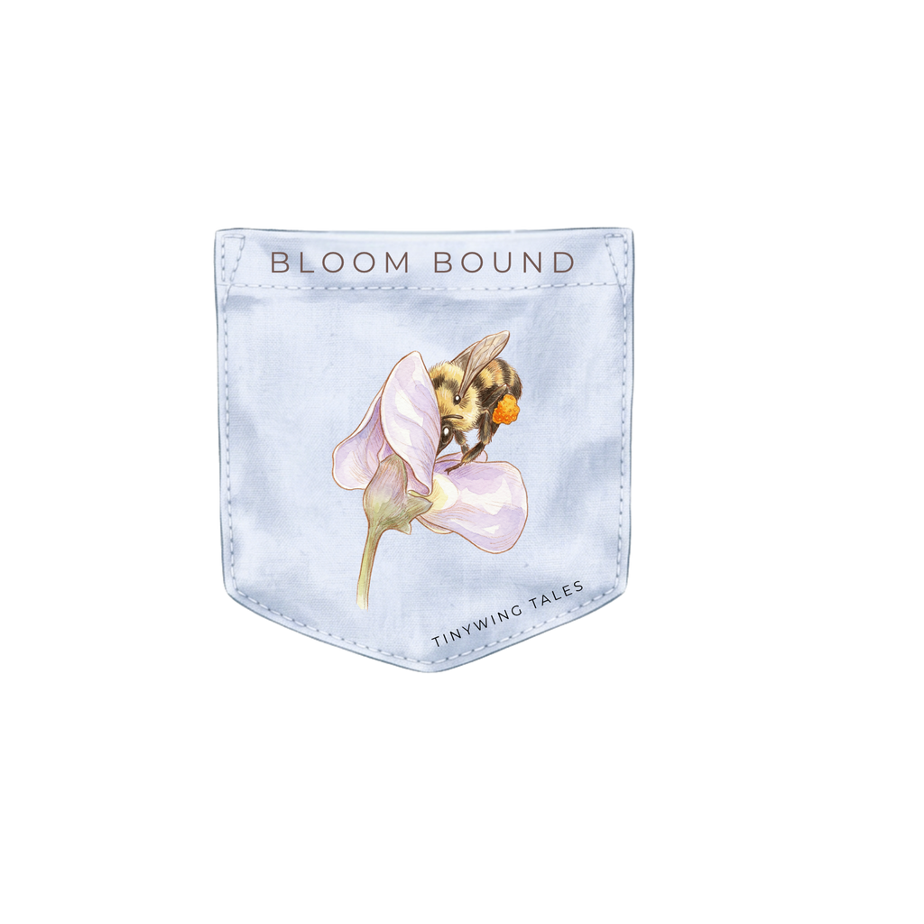 Small pocket graphic with a bee and flower design on a light blue background, branded 'Bloom Bound'. Tinywing Tales