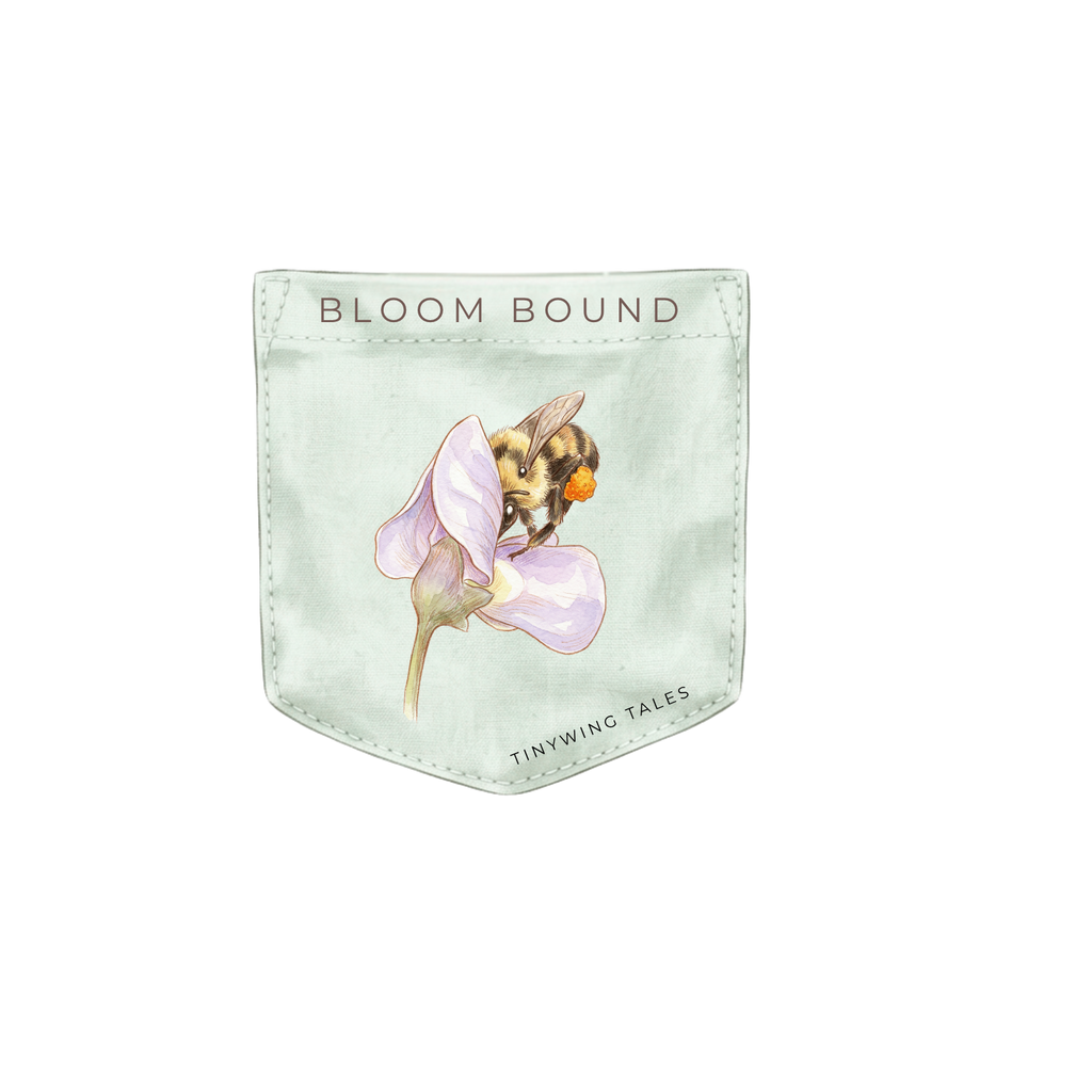 Small faux pocket design with a bee and flower on a light sage background, branded 'Bloom Bound'. Tinywing Tales