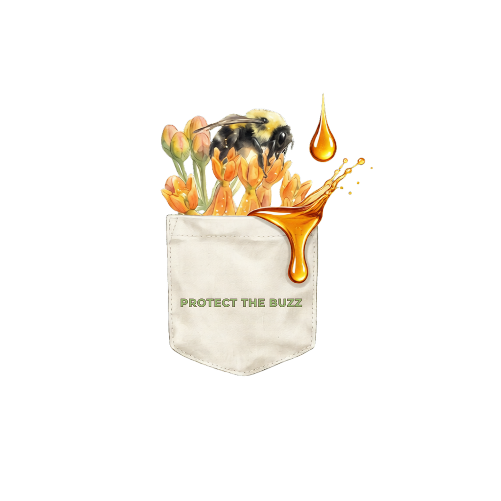 Pocket graphic design with a bee and flowers, featuring the text 'Protect the Buzz'. 