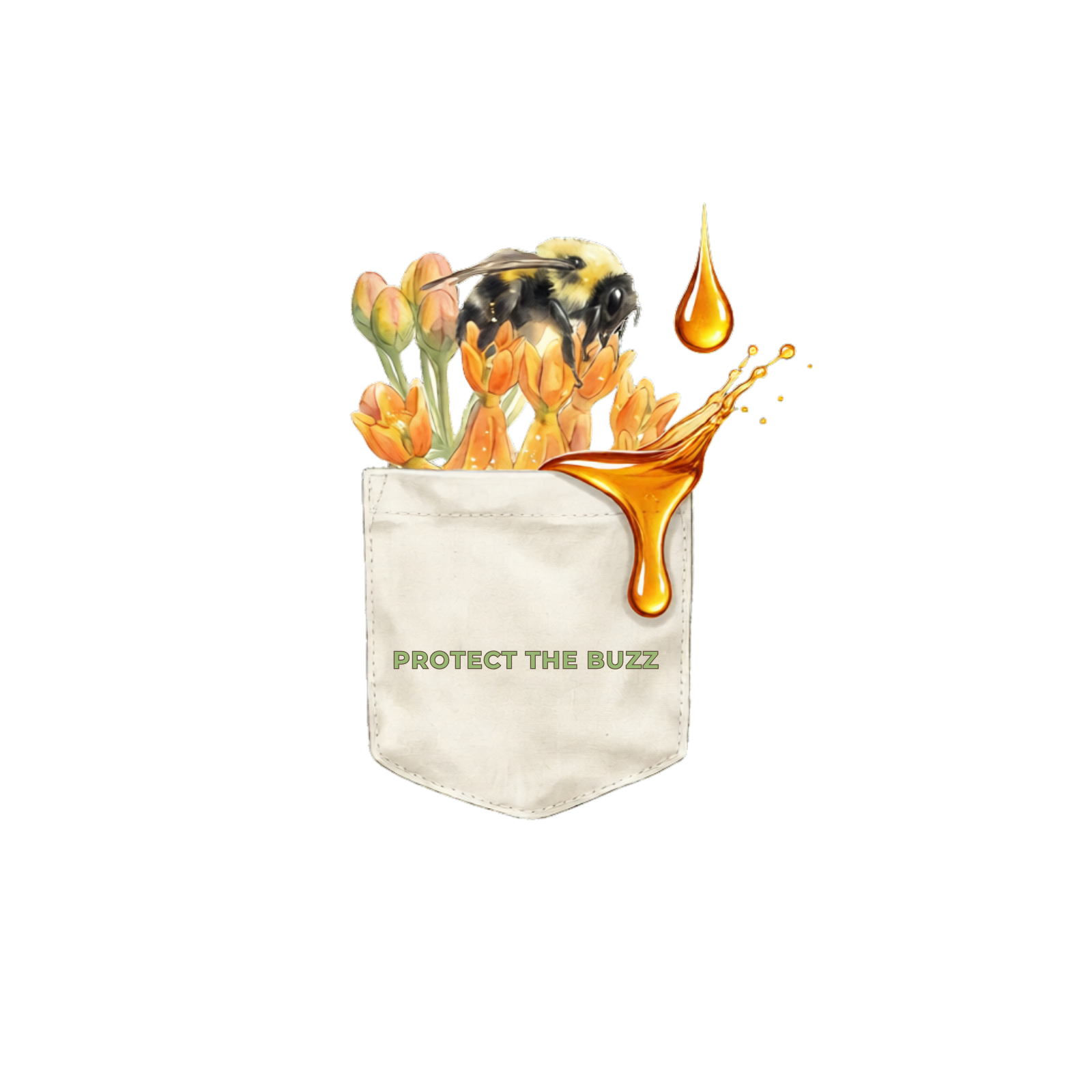Pocket graphic design with a bee and flowers, featuring the text 'Protect the Buzz'. 