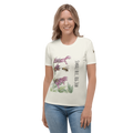 Woman wearing a  t-shirt with floral  and Bee design and text "Small Bee, Big Job"