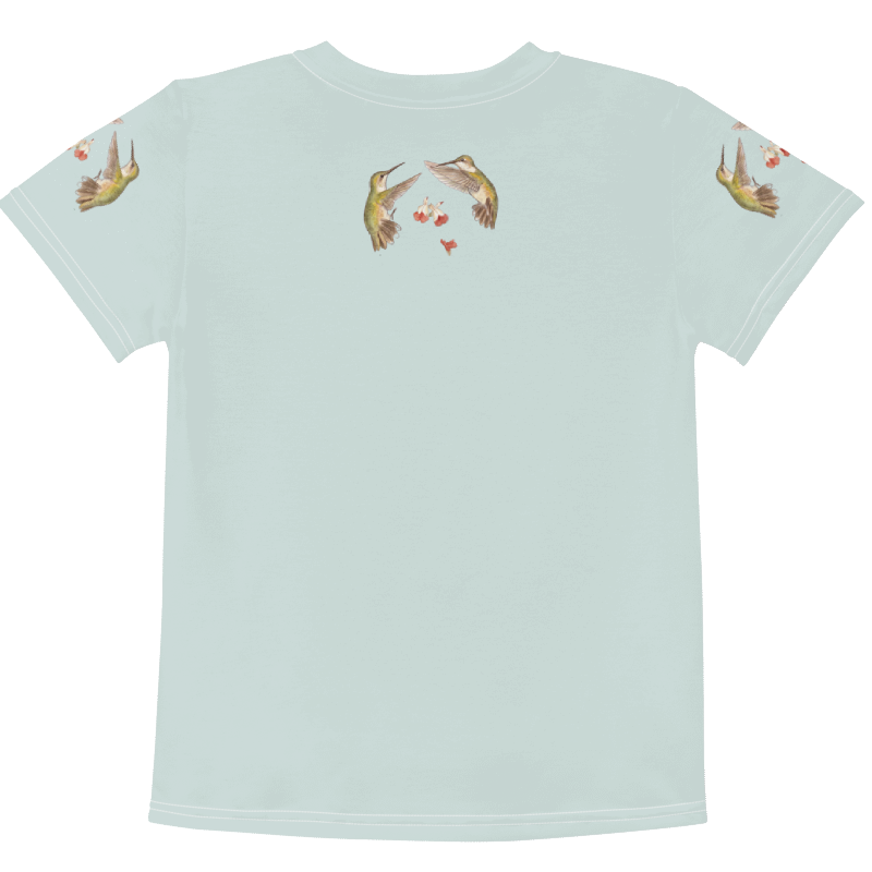 Back view of Light blue t-shirt with hummingbird design and 'Nature's Little Pollinators' text Tinywing Tales
