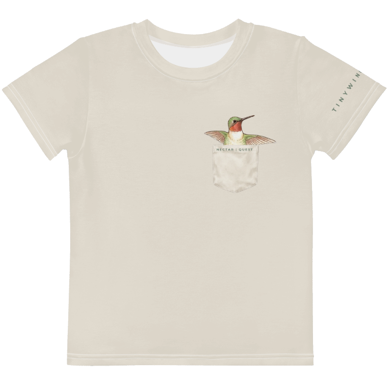 Beige t-shirt with a hummingbird graphic and text "Nectar | Quest. Tinywing Tales on left sleeve