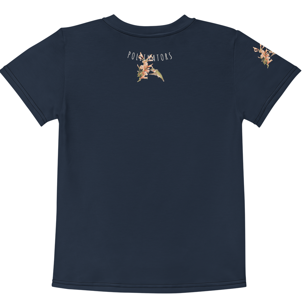 Back view of the hummingbird all-over print toddler shirt, showing seamless nature-inspired artwork.