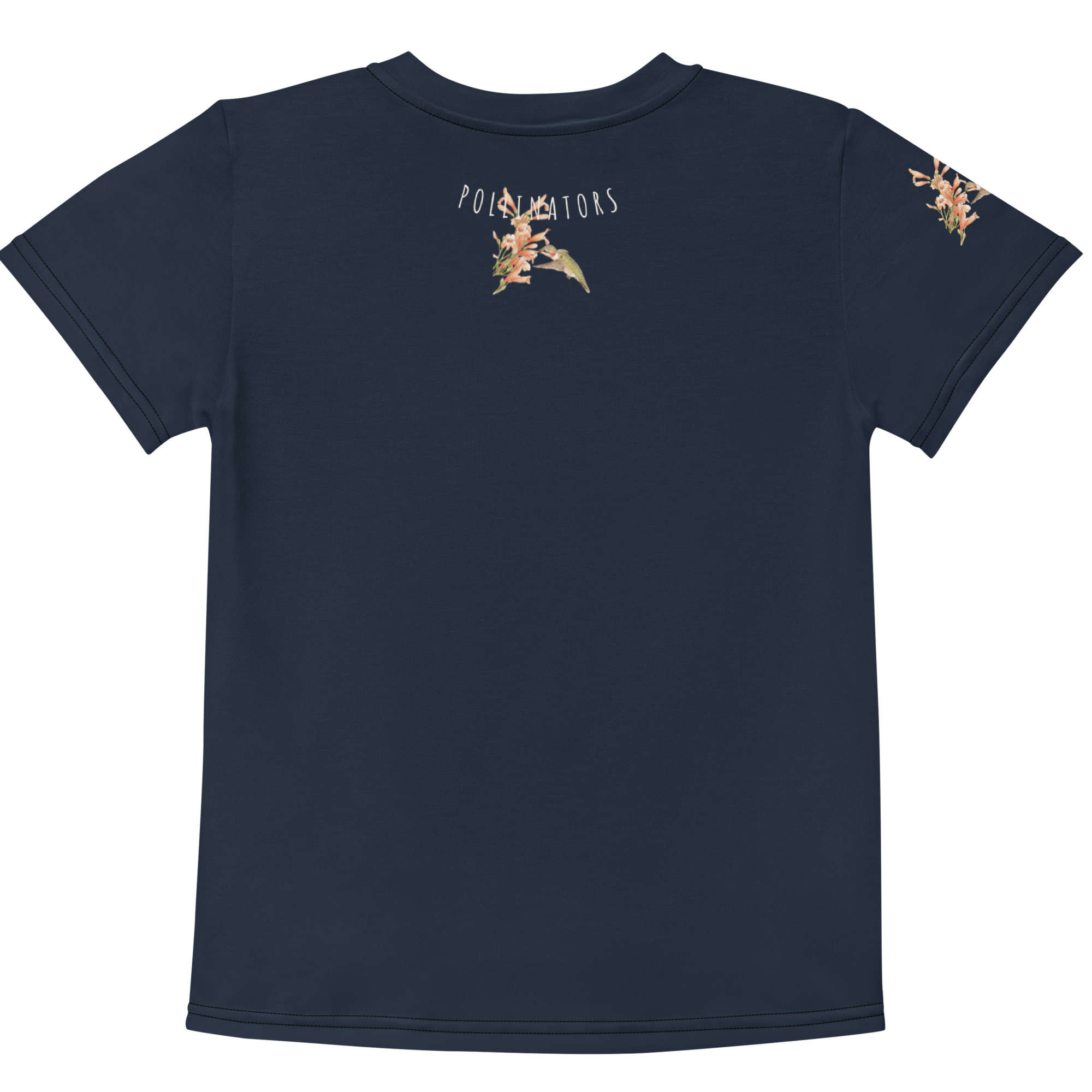 Back view of the hummingbird all-over print toddler shirt, showing seamless nature-inspired artwork.