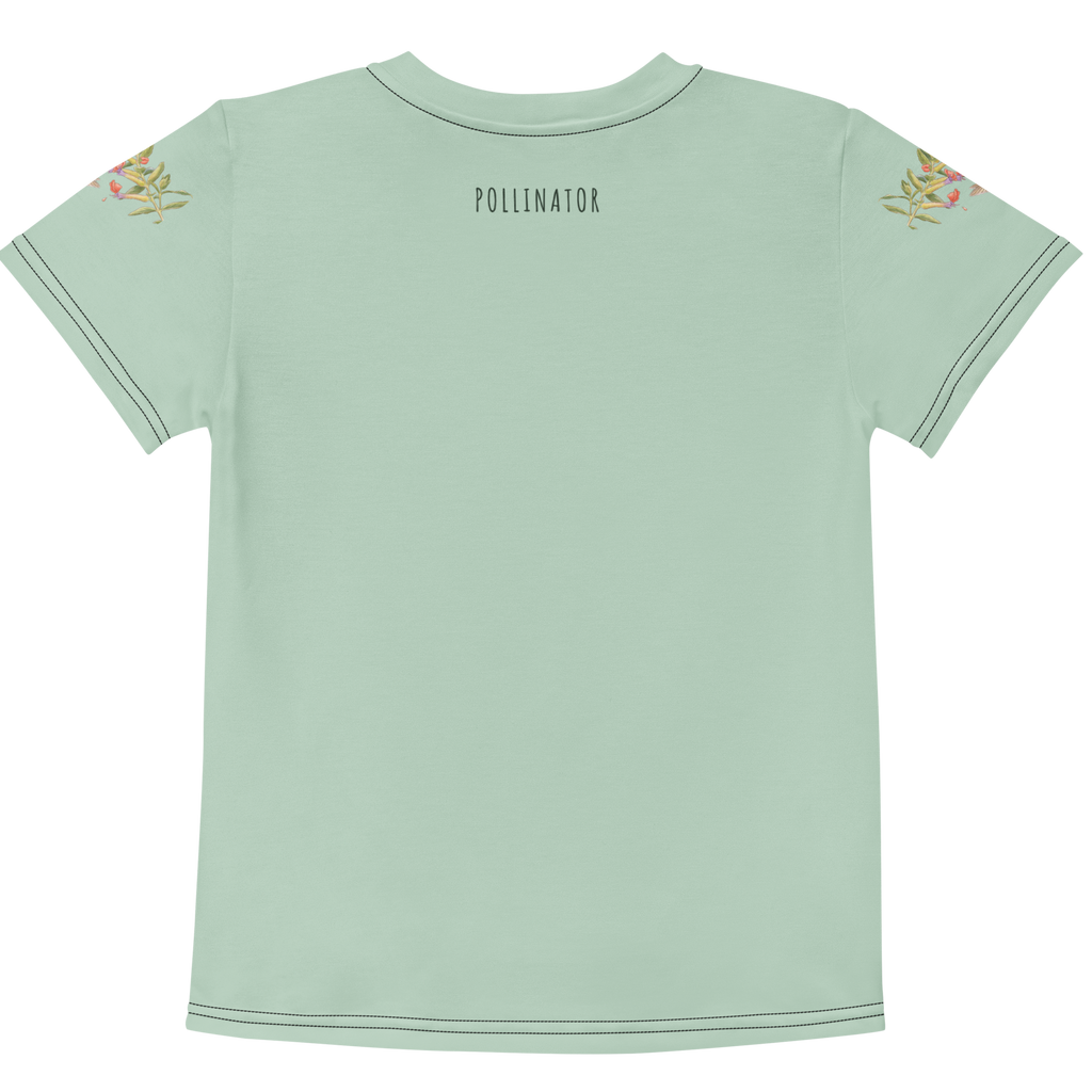 Back of the hummingbird all-over print tee, showing the continuous nature-inspired pattern from Tinywing Tales.