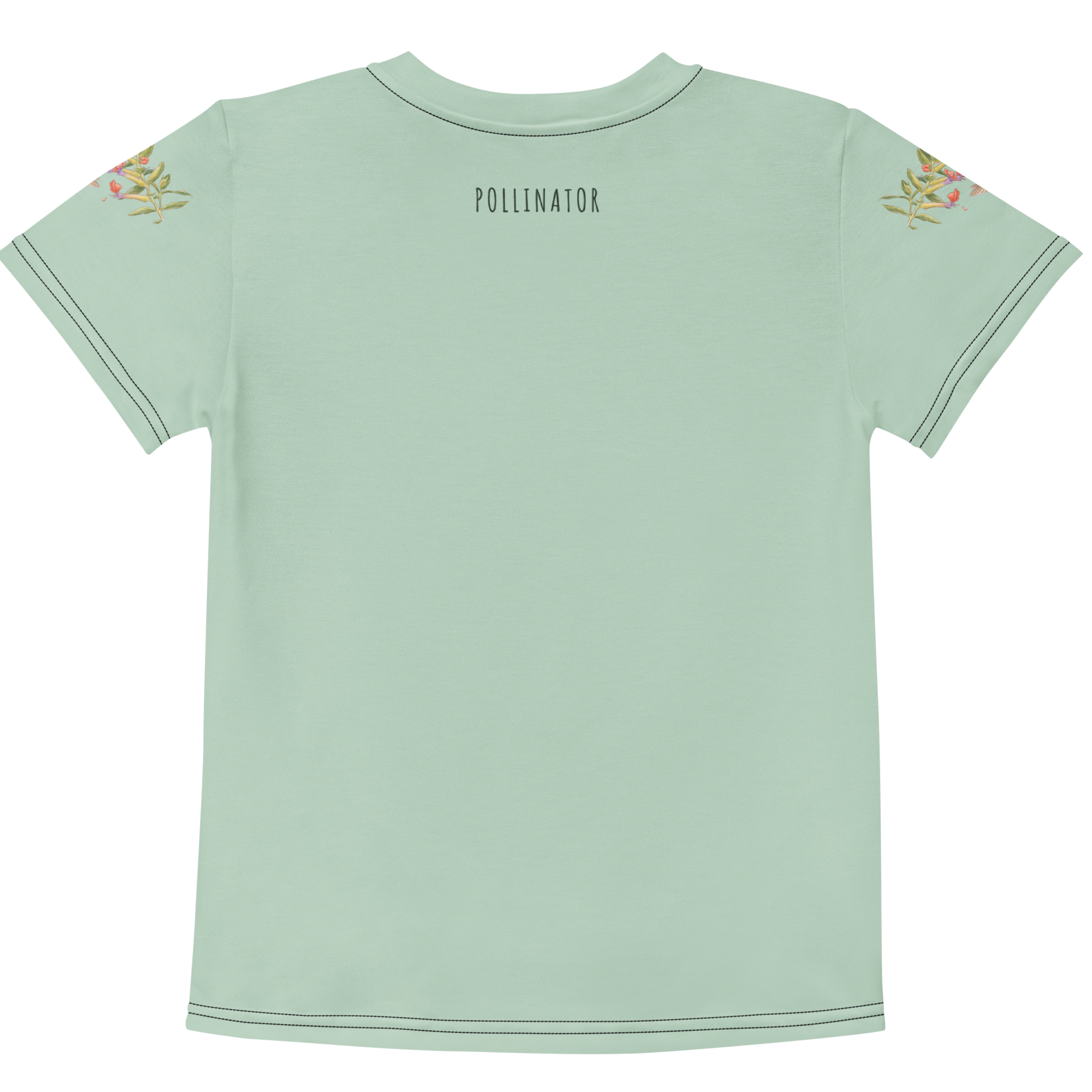 Back of the hummingbird all-over print tee, showing the continuous nature-inspired pattern from Tinywing Tales.