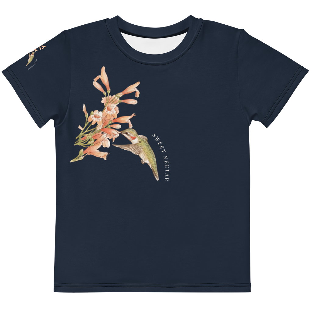 "Sweet Nectar" all-over print toddler tee featuring vibrant hummingbirds and wildflowers on a white background.