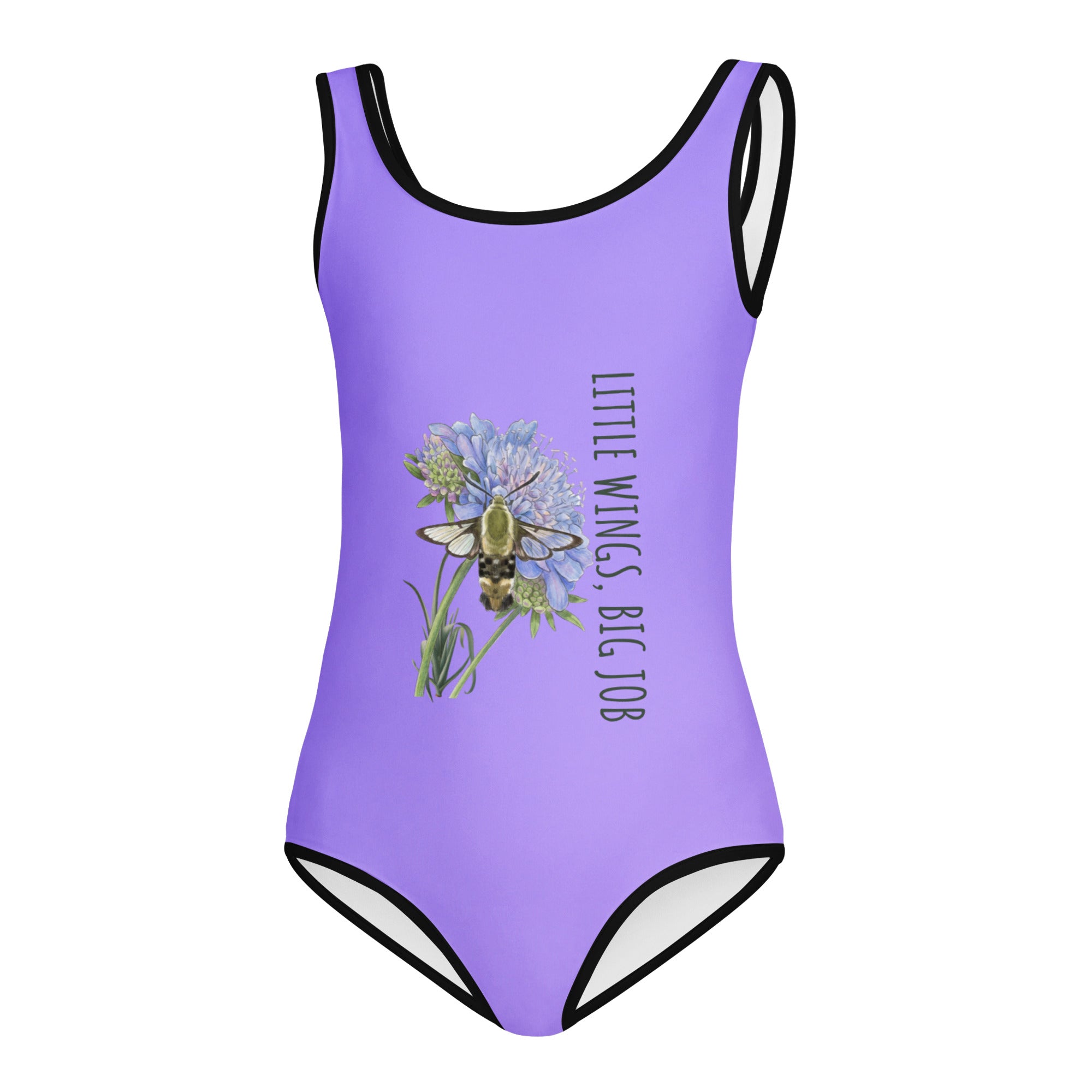 "Close-up of Nectar Quest Little Wings swimsuit showing vibrant floral and hummingbird pattern."