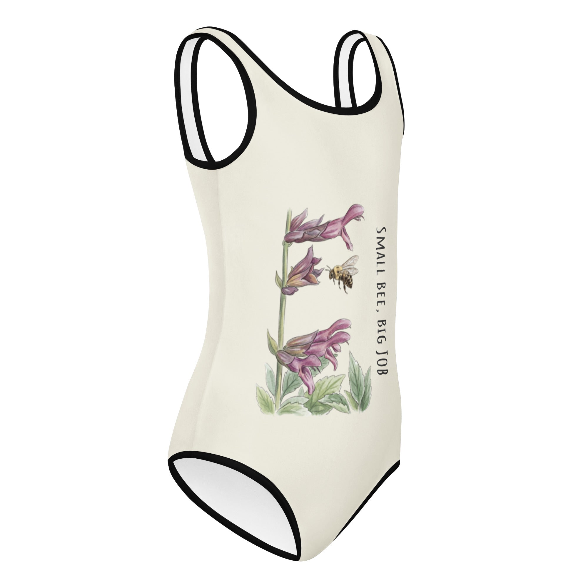 One-piece swimsuit with floral design and text on a cream background