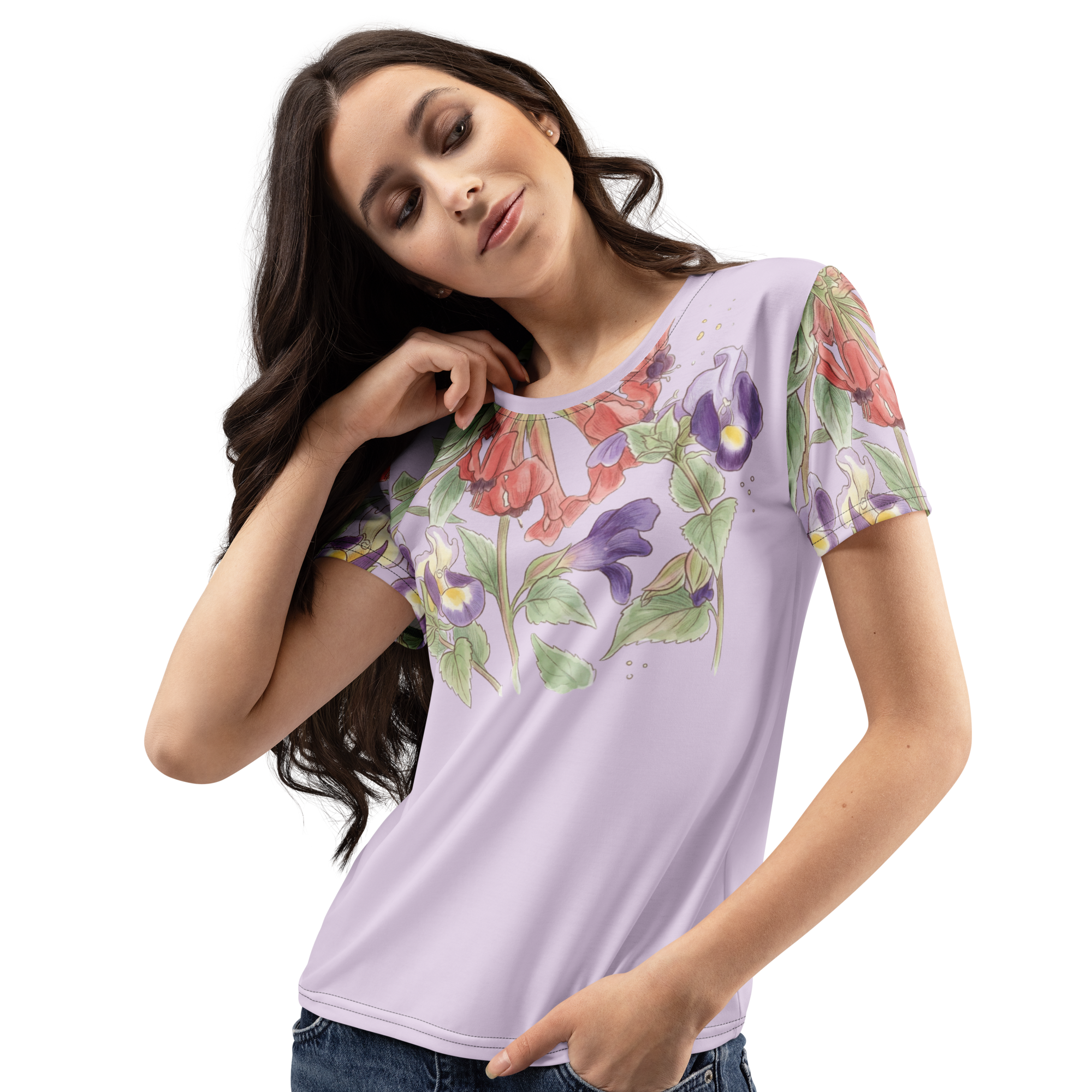Woman wearing a light purple t-shirt with floral designs.