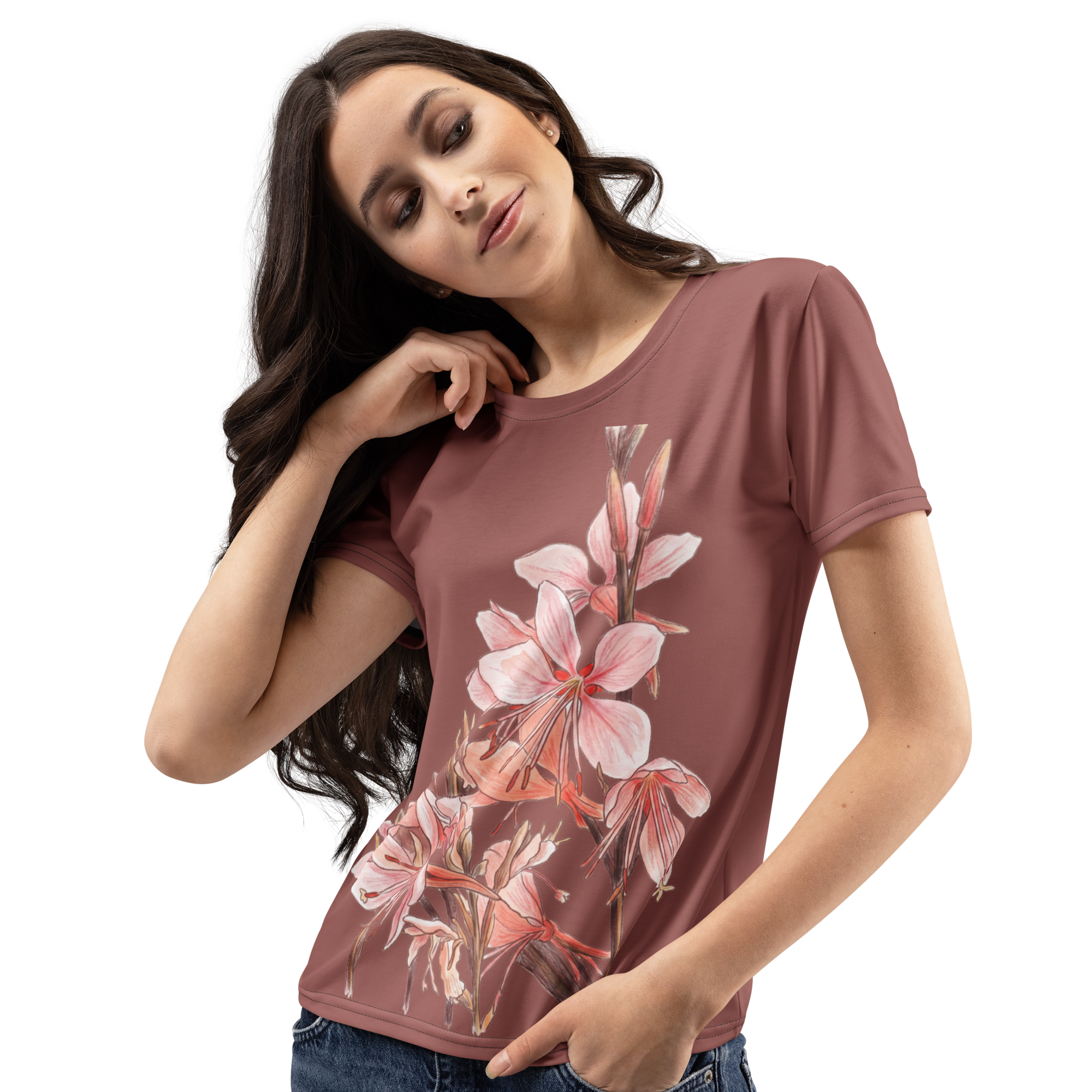 Woman wearing a mauve t-shirt with floral design 