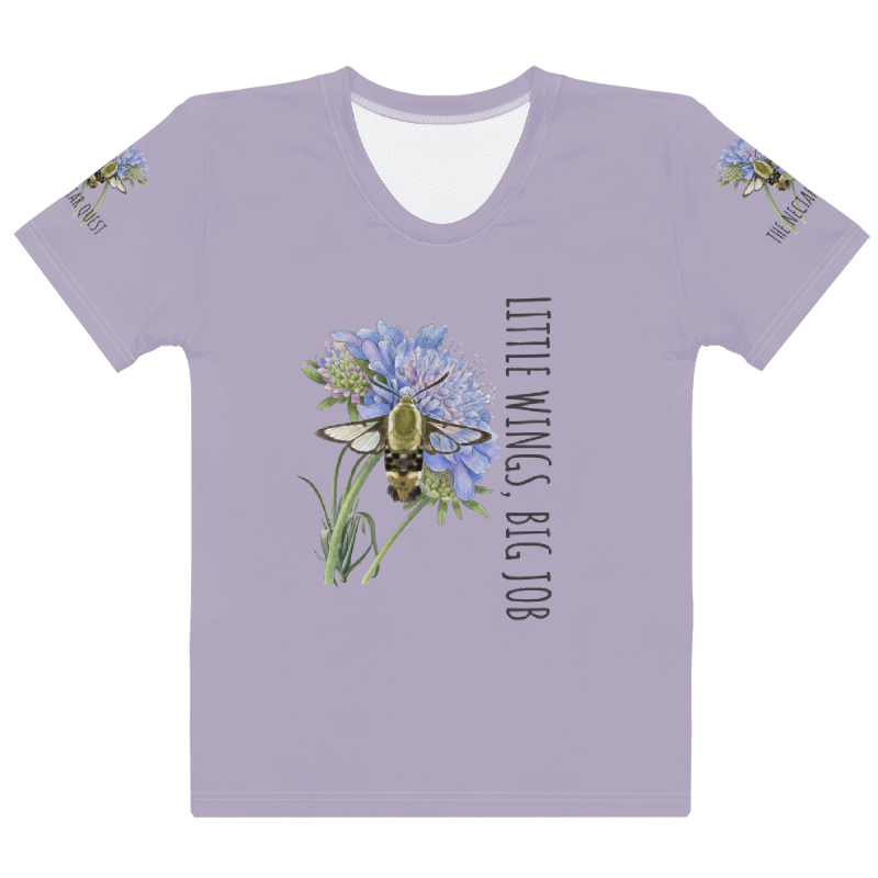 a lavender t-shirt with a graphic hummingbird moth and text "Little Wings, Big Job" same hummingbird moth graphic on her sleeves