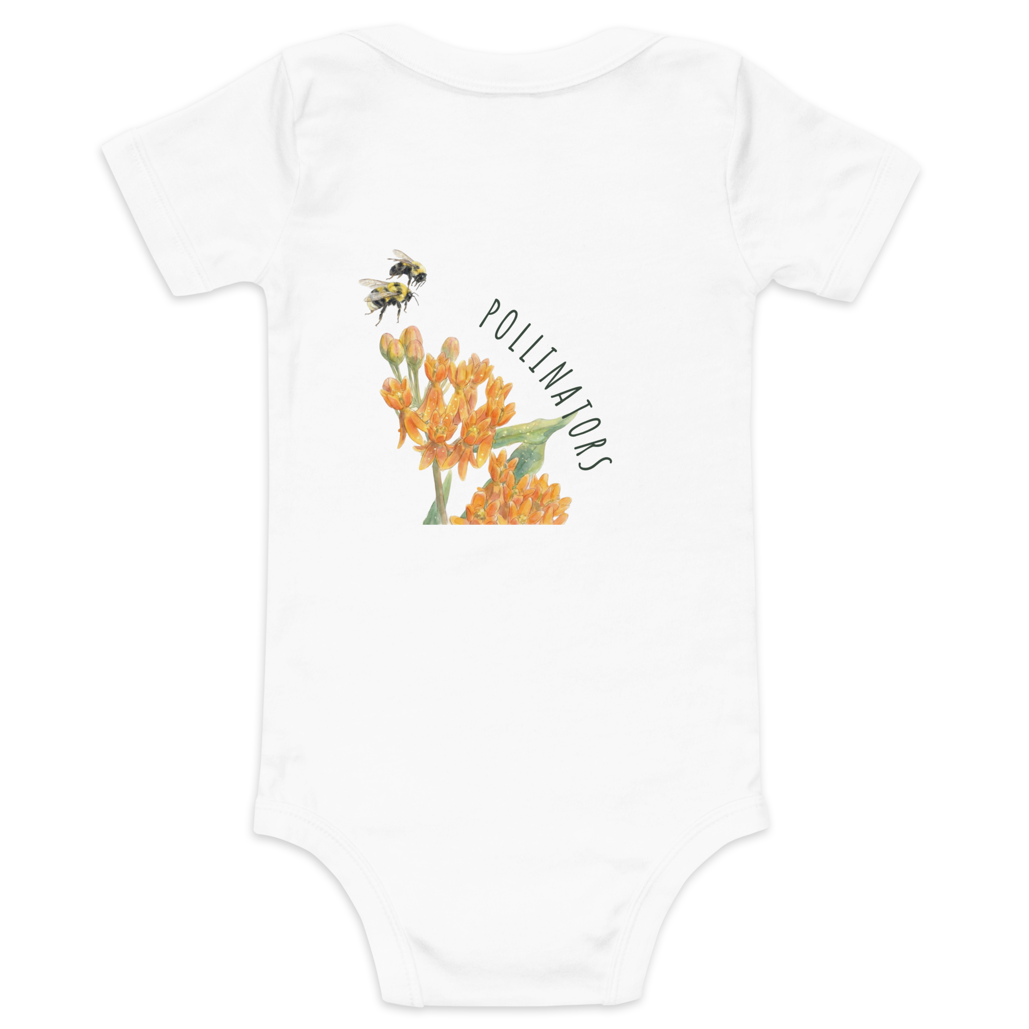 Backview White 100% cotton baby one-piece featuring the bumblebee design from the Golden Dust collection.