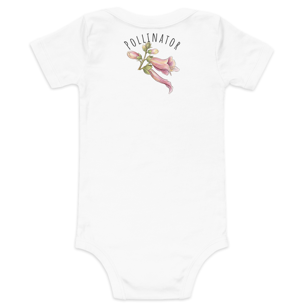 White 100% cotton baby one-piece with 'Pollinator' and foxglove illustration on the back.