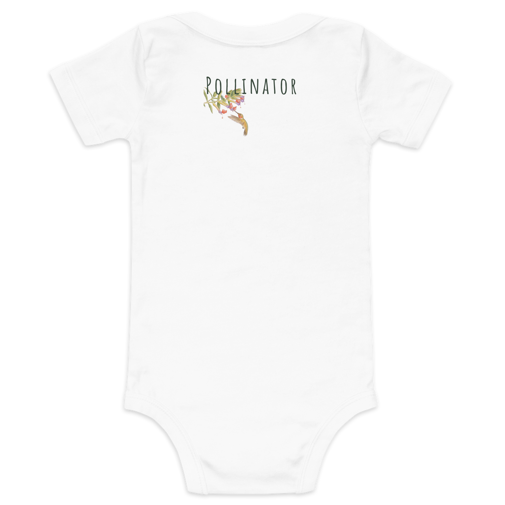 White baby onesie with 'Pollinator' text and bee graphic on a white background