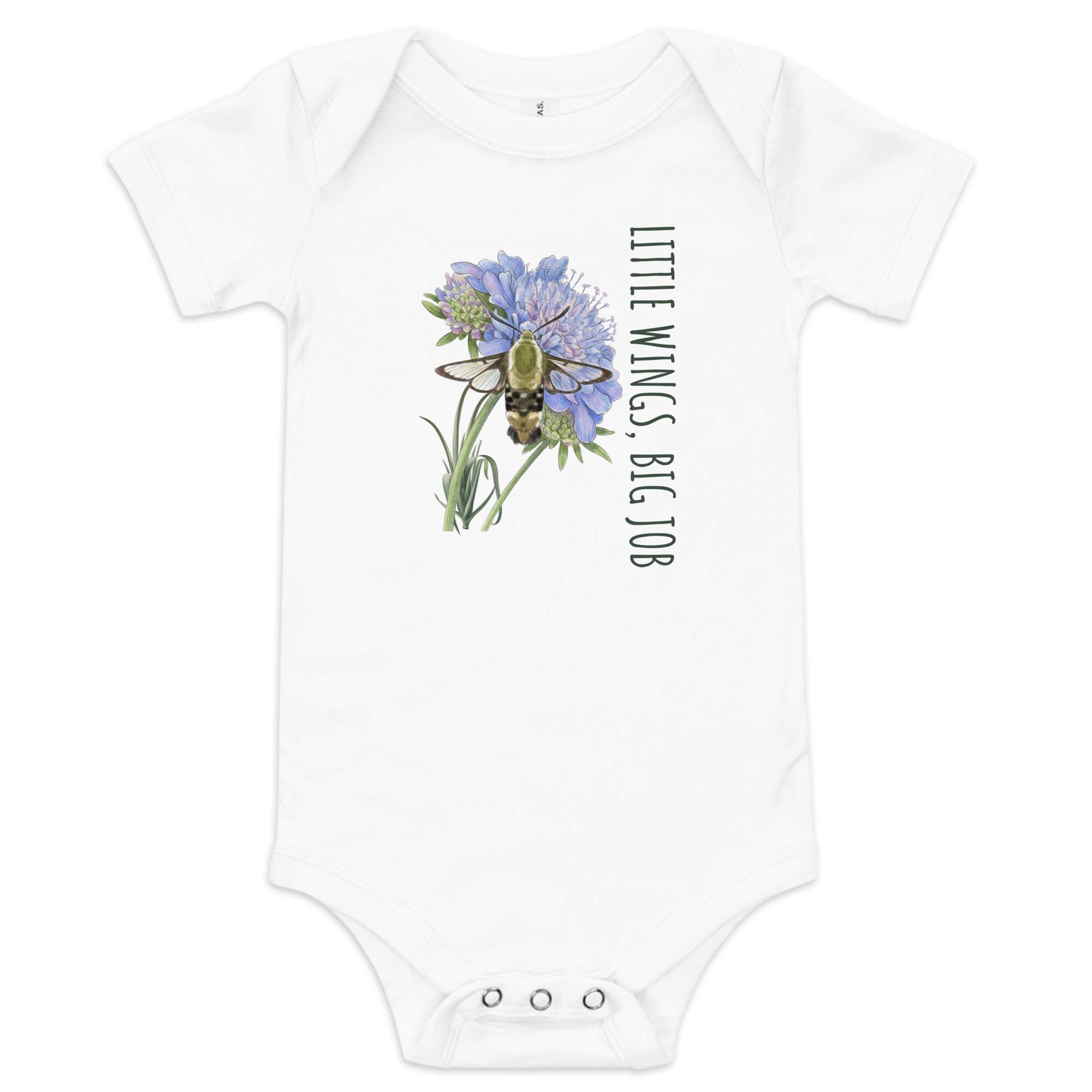 "Little Wings Big Job" hummingbird baby one-piece in white, featuring a hand-painted whimsical illustration for newborns and infants.