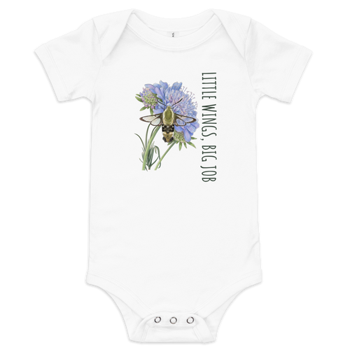 "Little Wings Big Job" hummingbird baby one-piece in white, featuring a hand-painted whimsical illustration for newborns and infants.