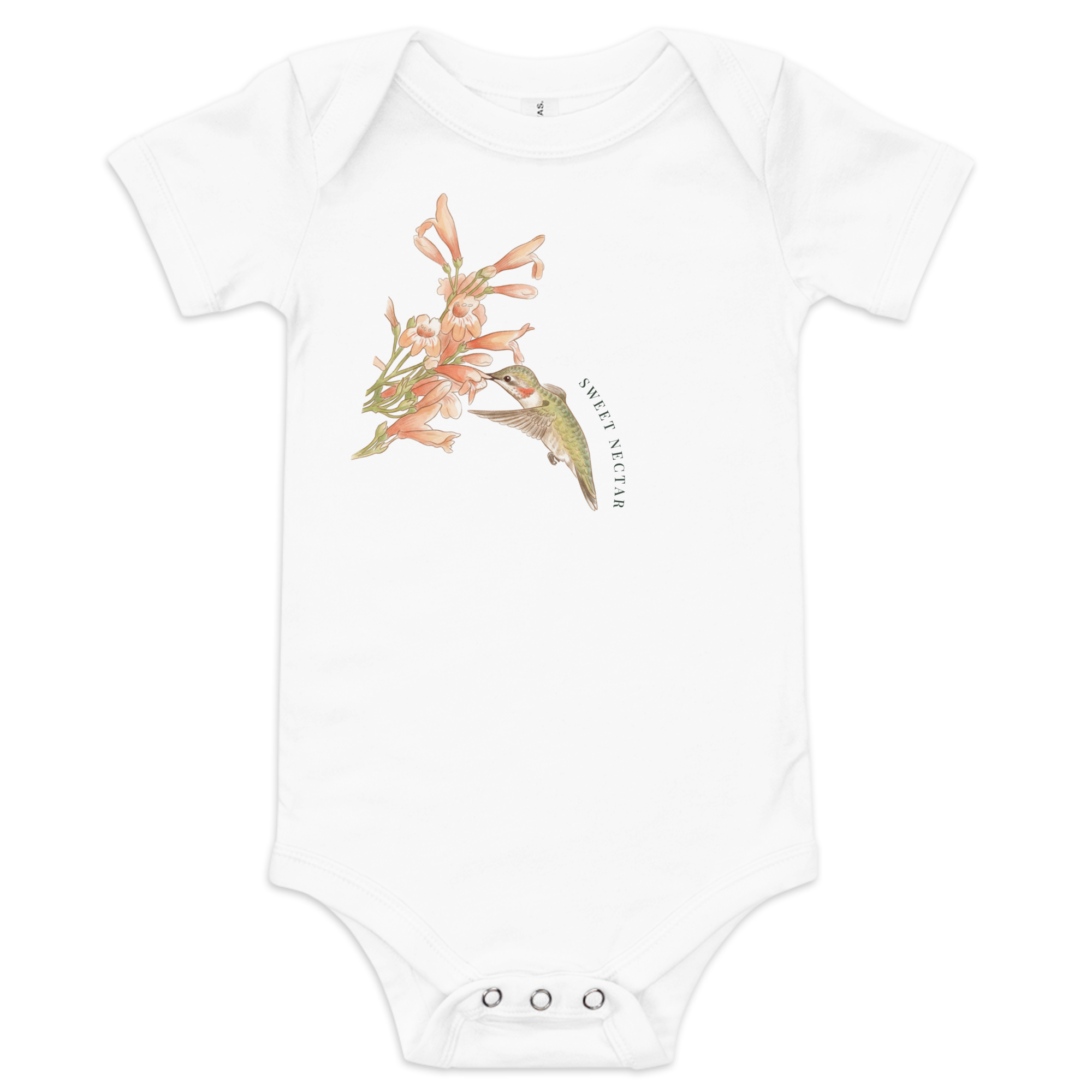 "Sweet Nectar" hummingbird baby one-piece in white, featuring a hand-painted style bird and floral illustration.