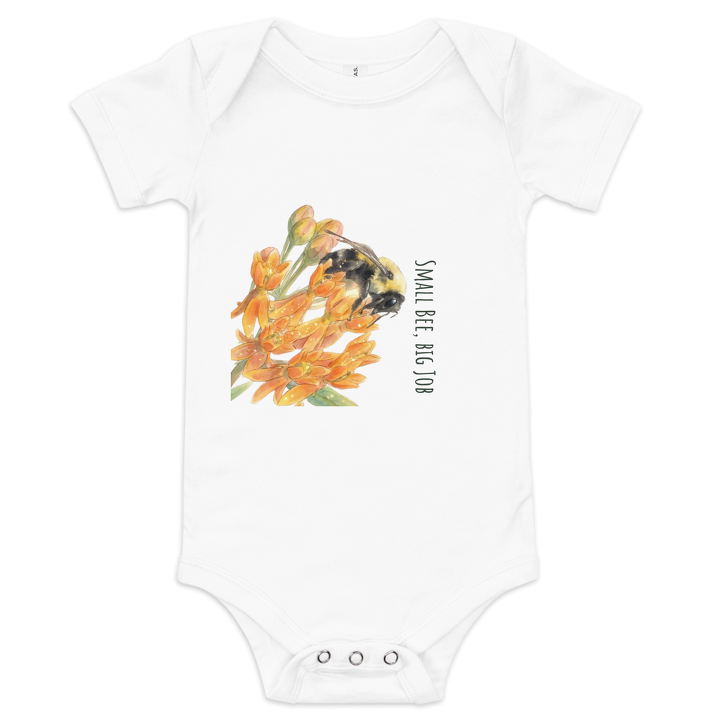White 100% cotton baby one-piece featuring the bumblebee design from the Golden Dust collection.