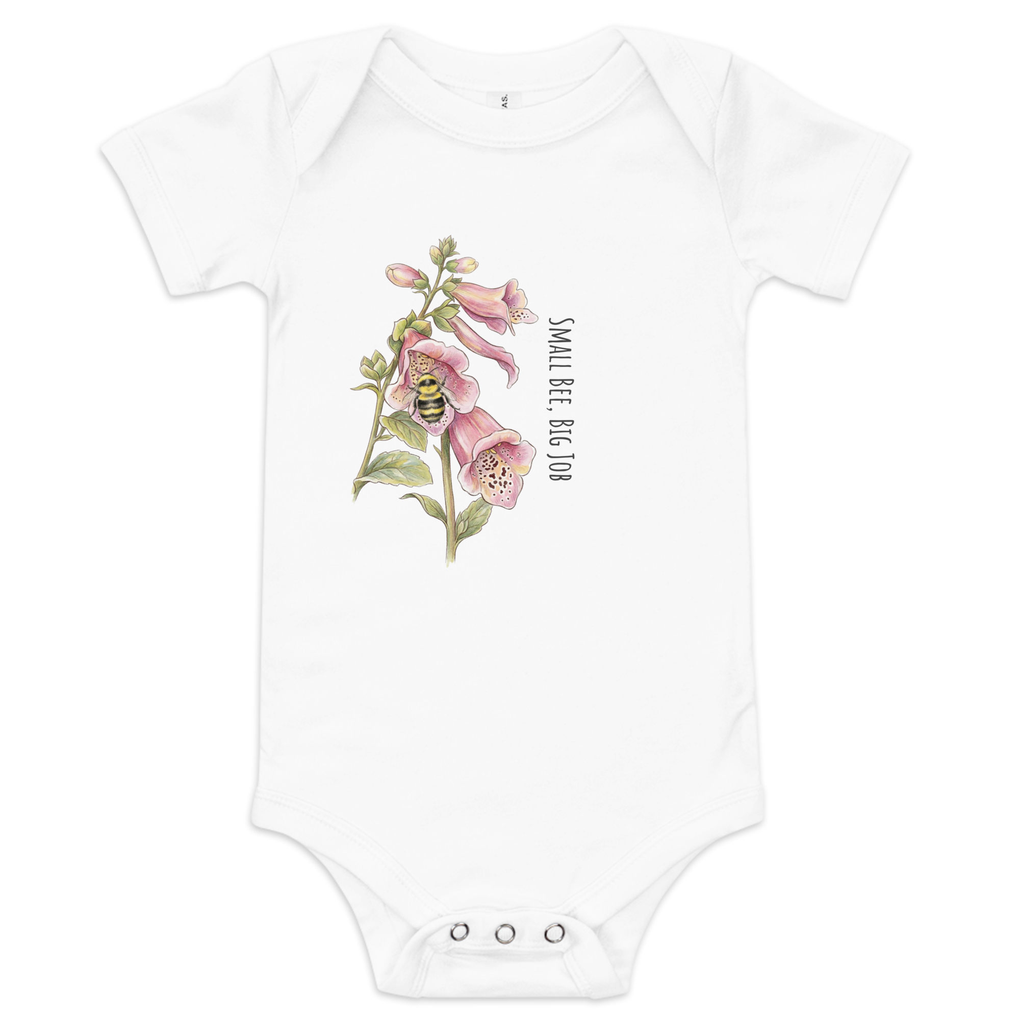 White 100% cotton baby one-piece with 'Small Bee, Big Job' bumblebee and foxglove illustration on the front.