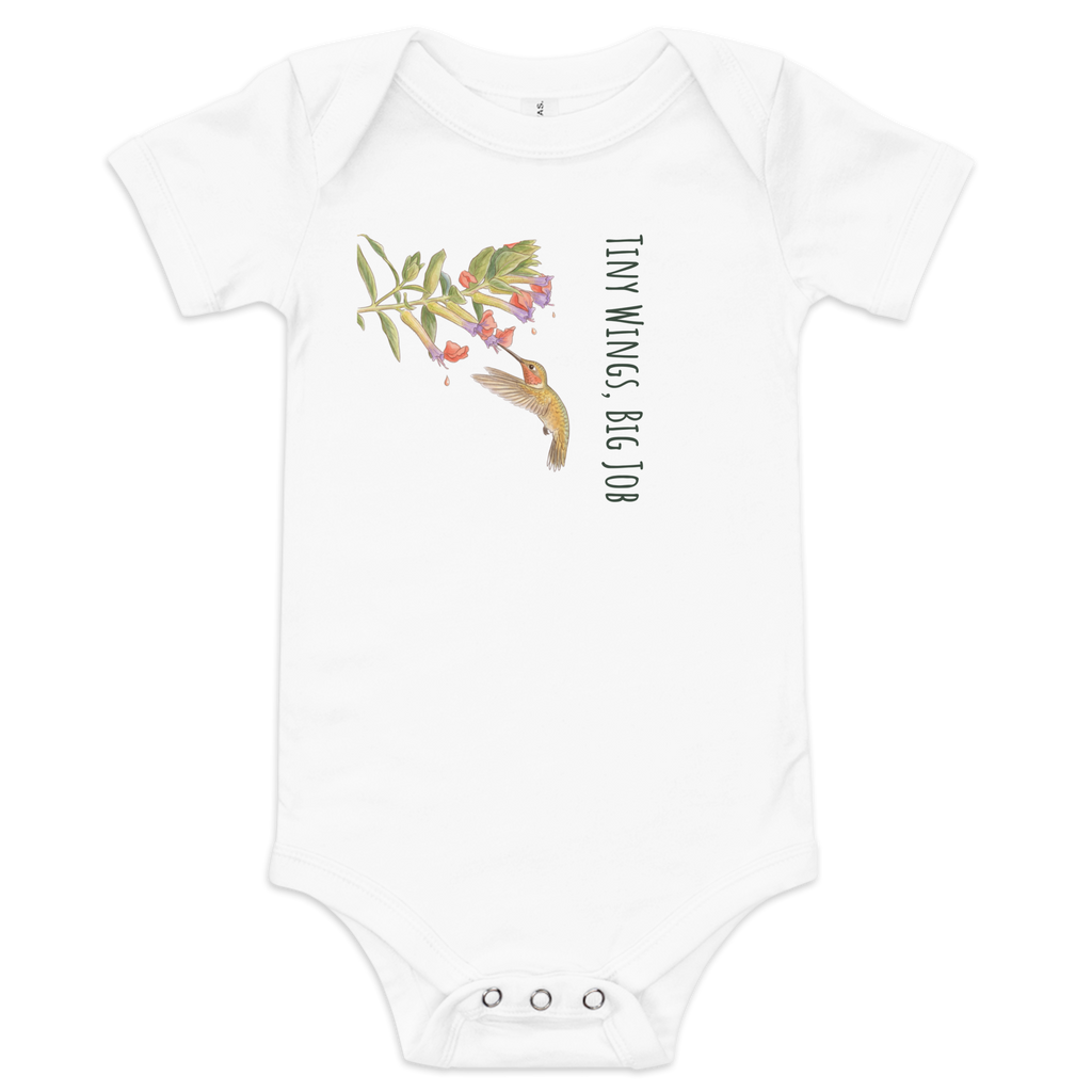 White baby onesie with a floral and hummingbird design on a white background
