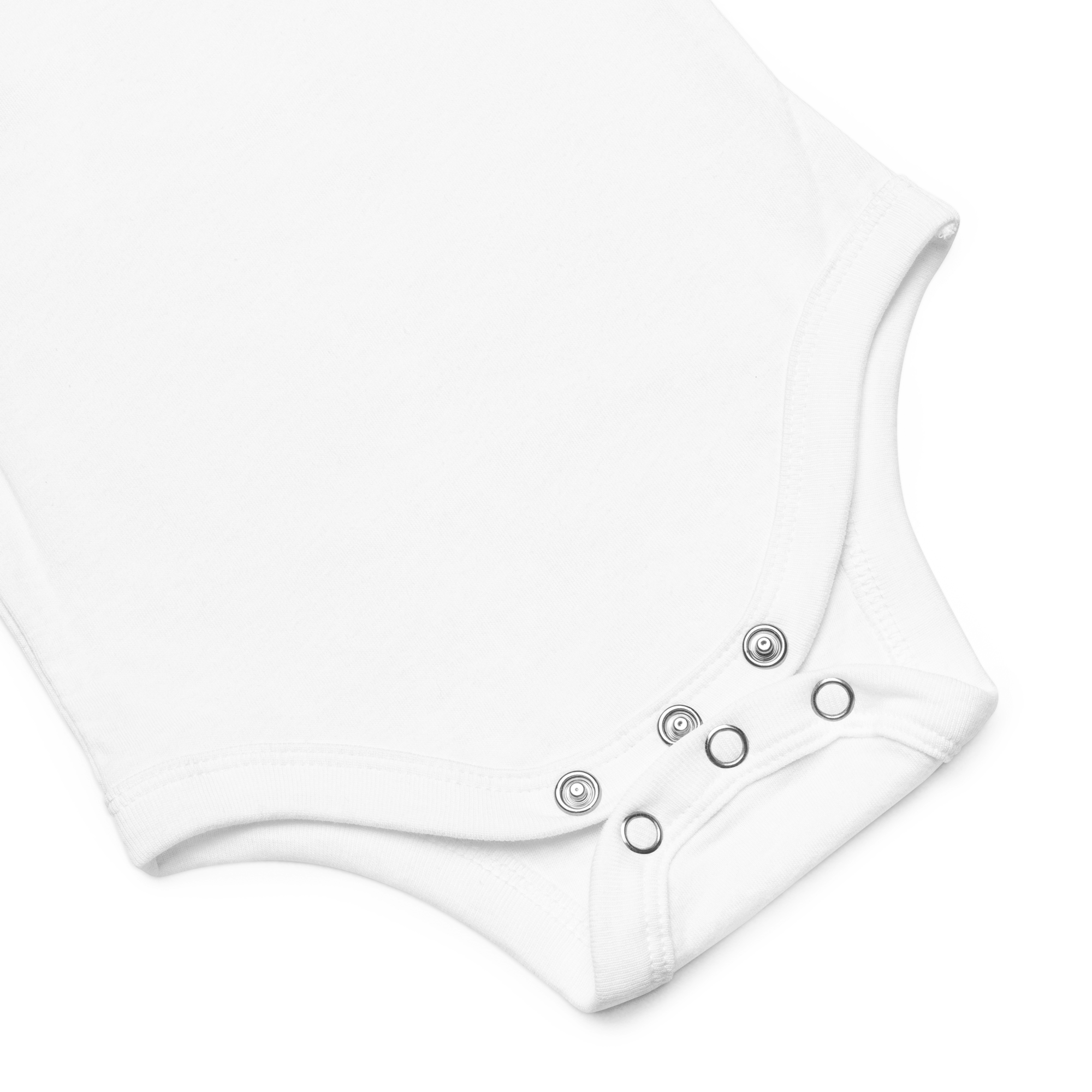 Close-up of the 100% ring-spun cotton fabric and snap closure on a nature-themed baby bodysuit.