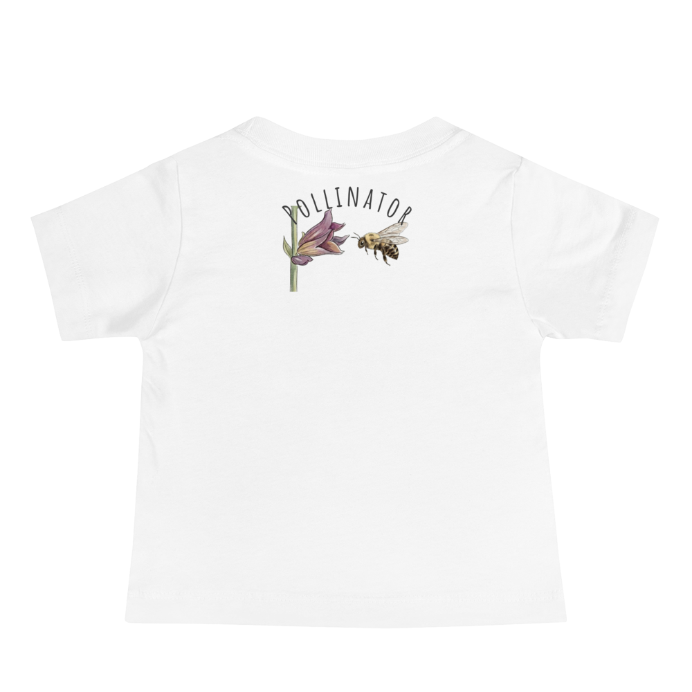 White t-shirt with a graphic of a bee and flower on a white background