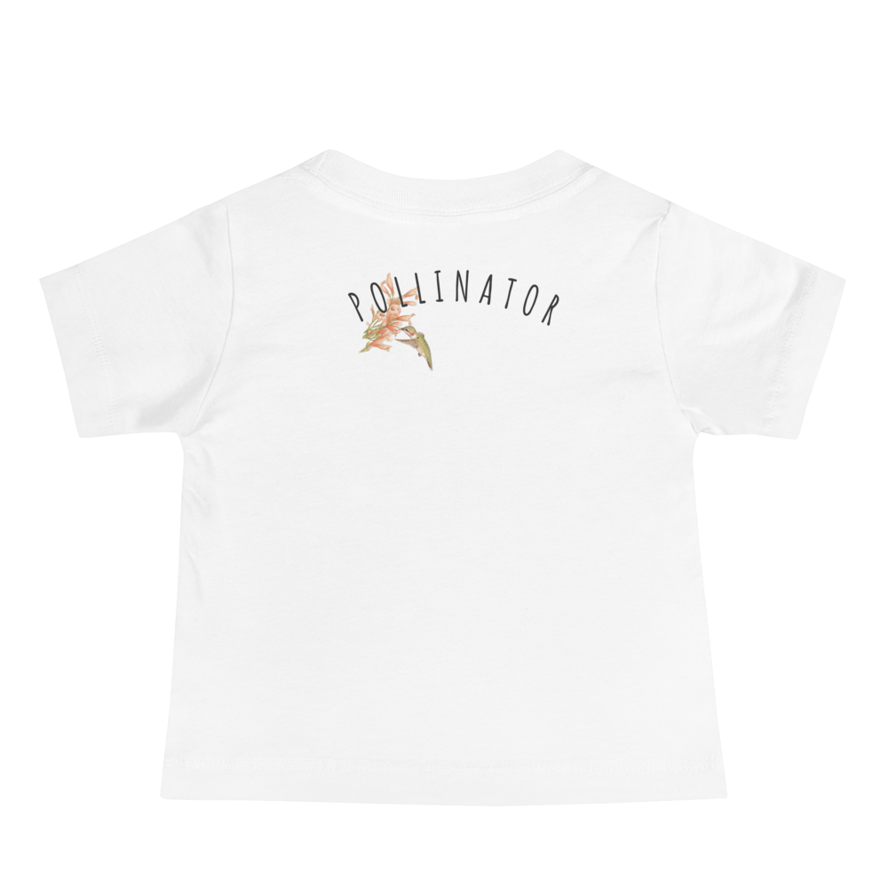 White t-shirt with 'Pollinator' text and graphic on a white background