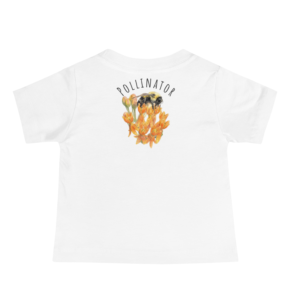 Back view of a White t-shirt with a graphic design and text on a white background